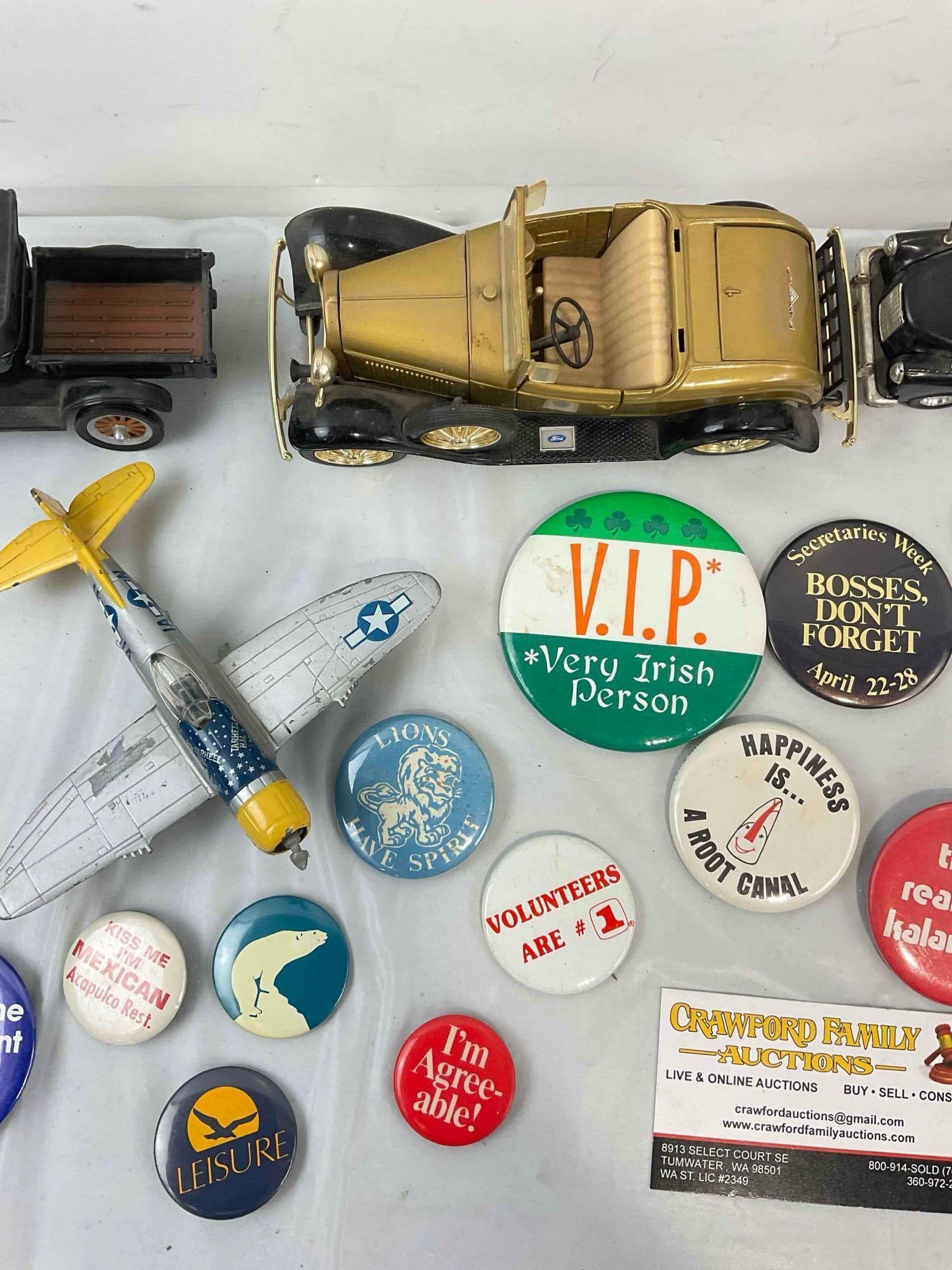 33 pcs Vintage Collectibles Assortment, incl. Button Pins, Model Cars & Plane. Very Good Cond. - 5