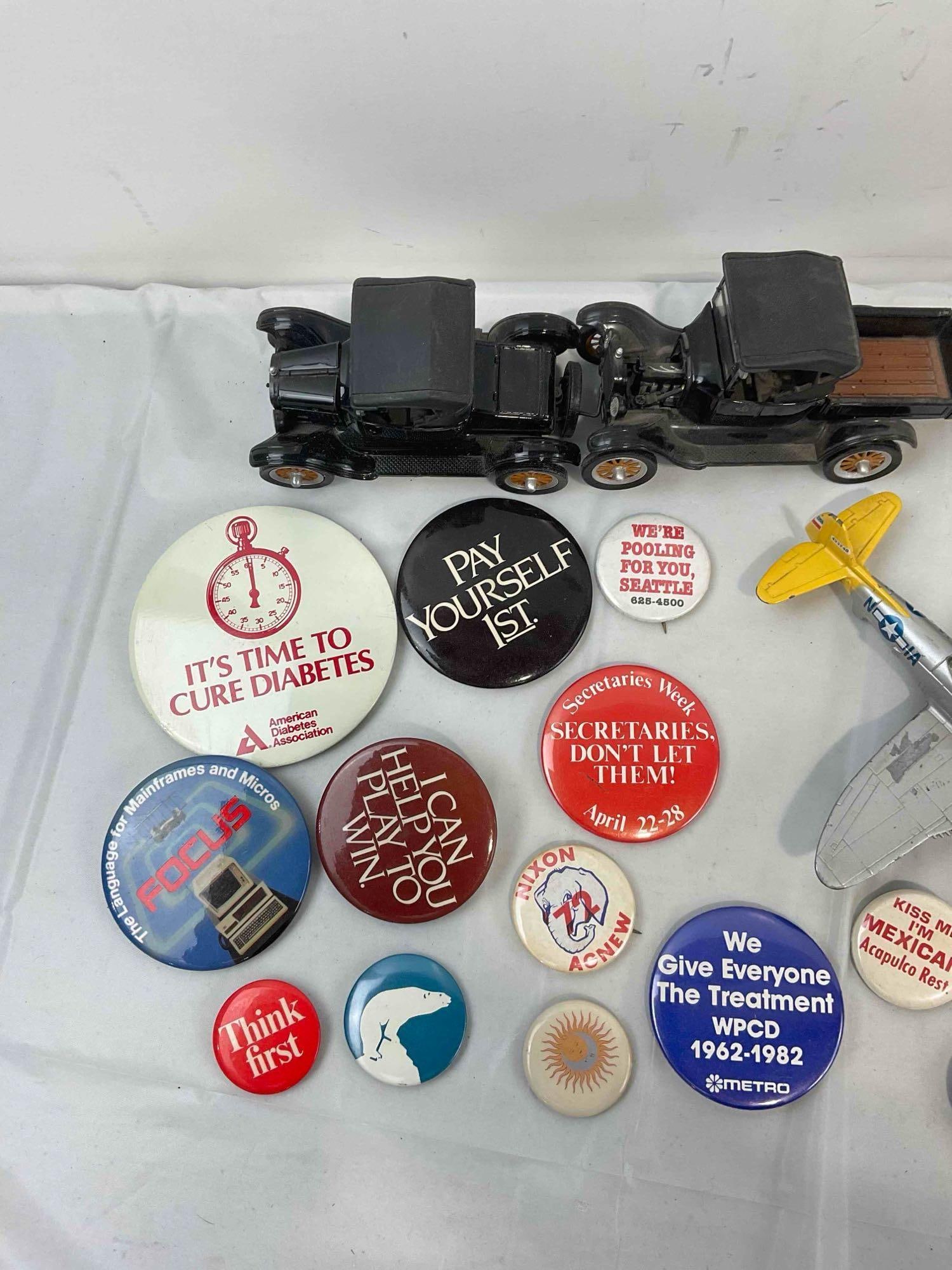 33 pcs Vintage Collectibles Assortment, incl. Button Pins, Model Cars & Plane. Very Good Cond. - 6
