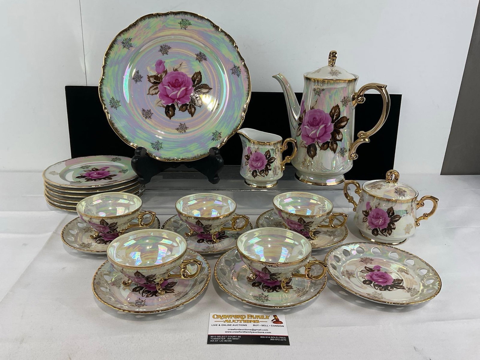 Postwar Japan NTK Brand Porcelain China, approx 21 pieces, iridescent w/handpainted rose designs (1 of 6)