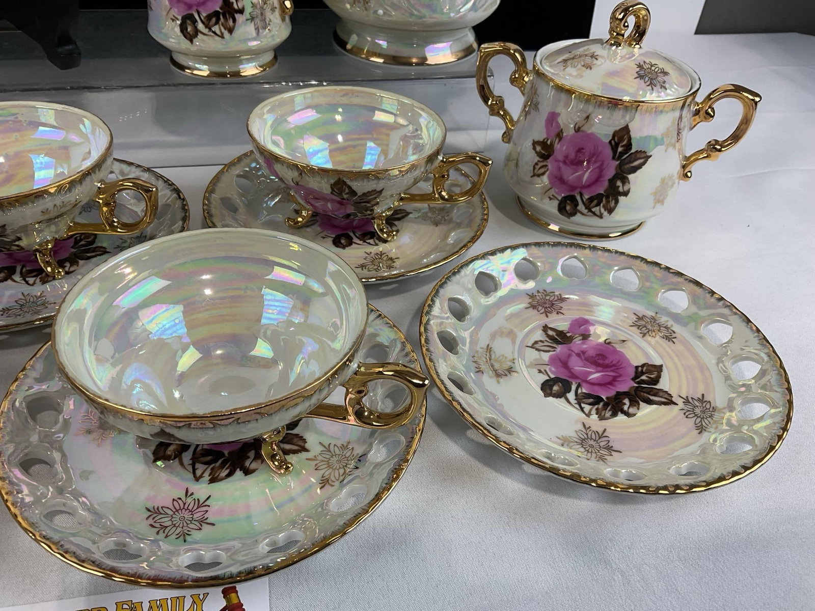 Postwar Japan NTK Brand Porcelain China, approx 21 pieces, iridescent w/handpainted rose designs - 3