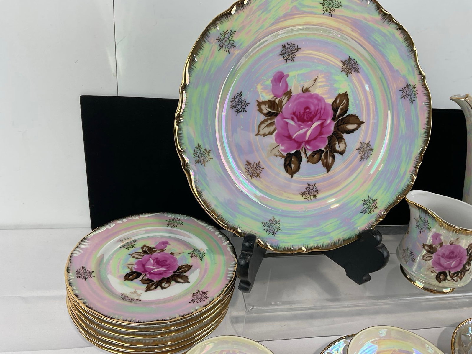Postwar Japan NTK Brand Porcelain China, approx 21 pieces, iridescent w/handpainted rose designs - 4
