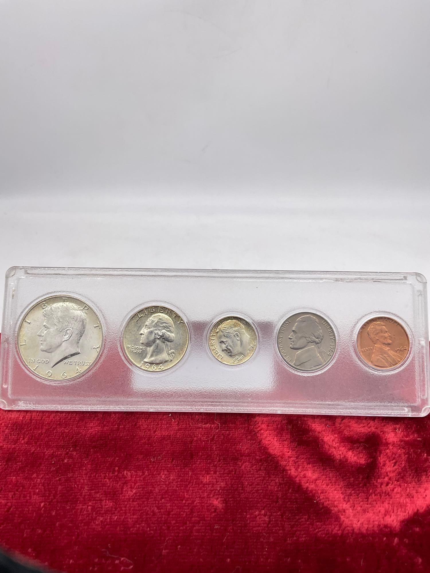 1964 Silver coin set in case Kennedy Half , Quarter, Dime , Nickle, penny All Poss Au to UNC: C-5990