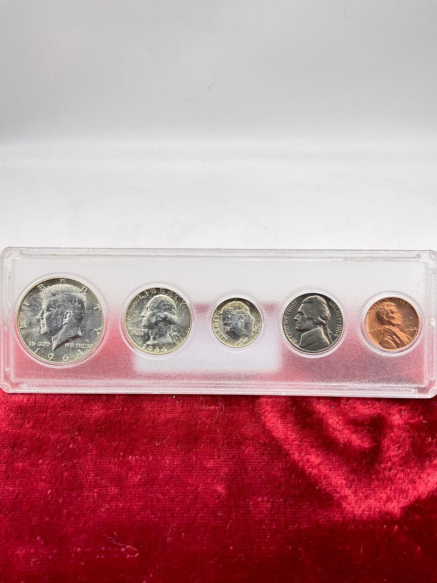 1964 Silver coin set in case Kennedy Half , Quarter, Dime , Nickle, penny All Poss Au to UNC - 4