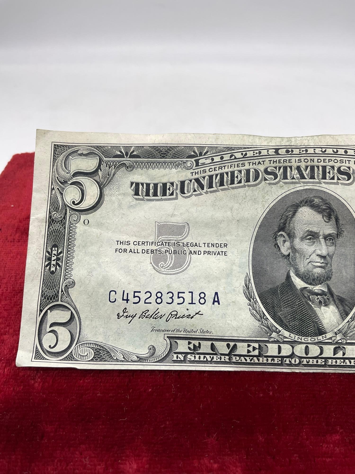 1953 Us five Dollar Silver certificate Offset cut crisp bill - 2