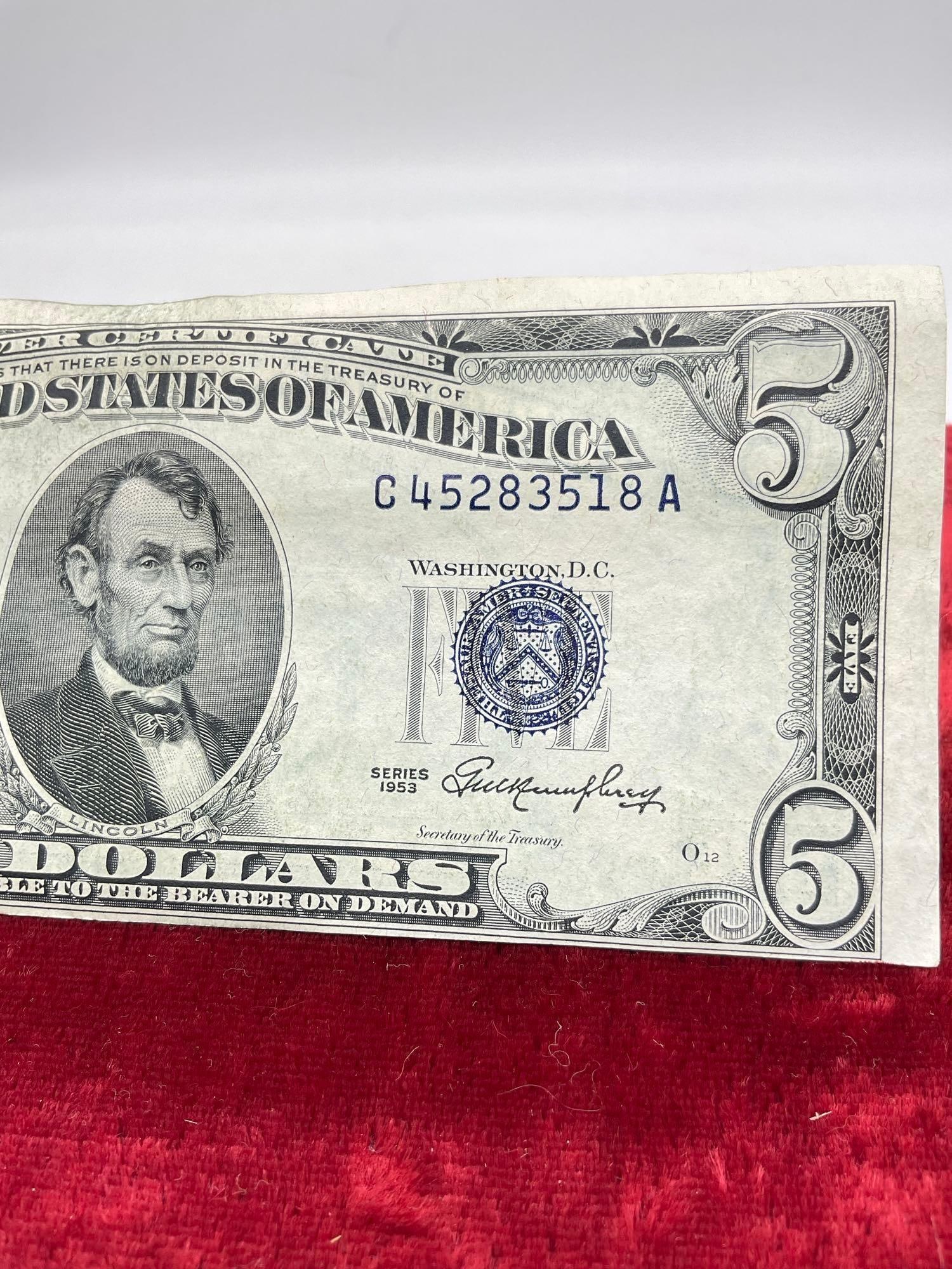 1953 Us five Dollar Silver certificate Offset cut crisp bill - 3