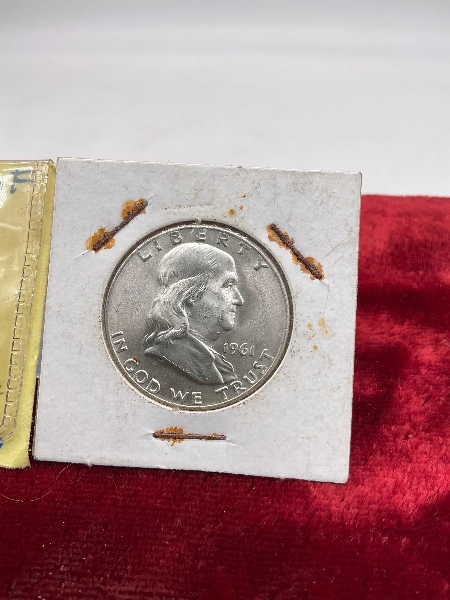 2 x Silver Franklin Half Dollars 1961 UNC & 1962 Proof nice coins see pics - 2