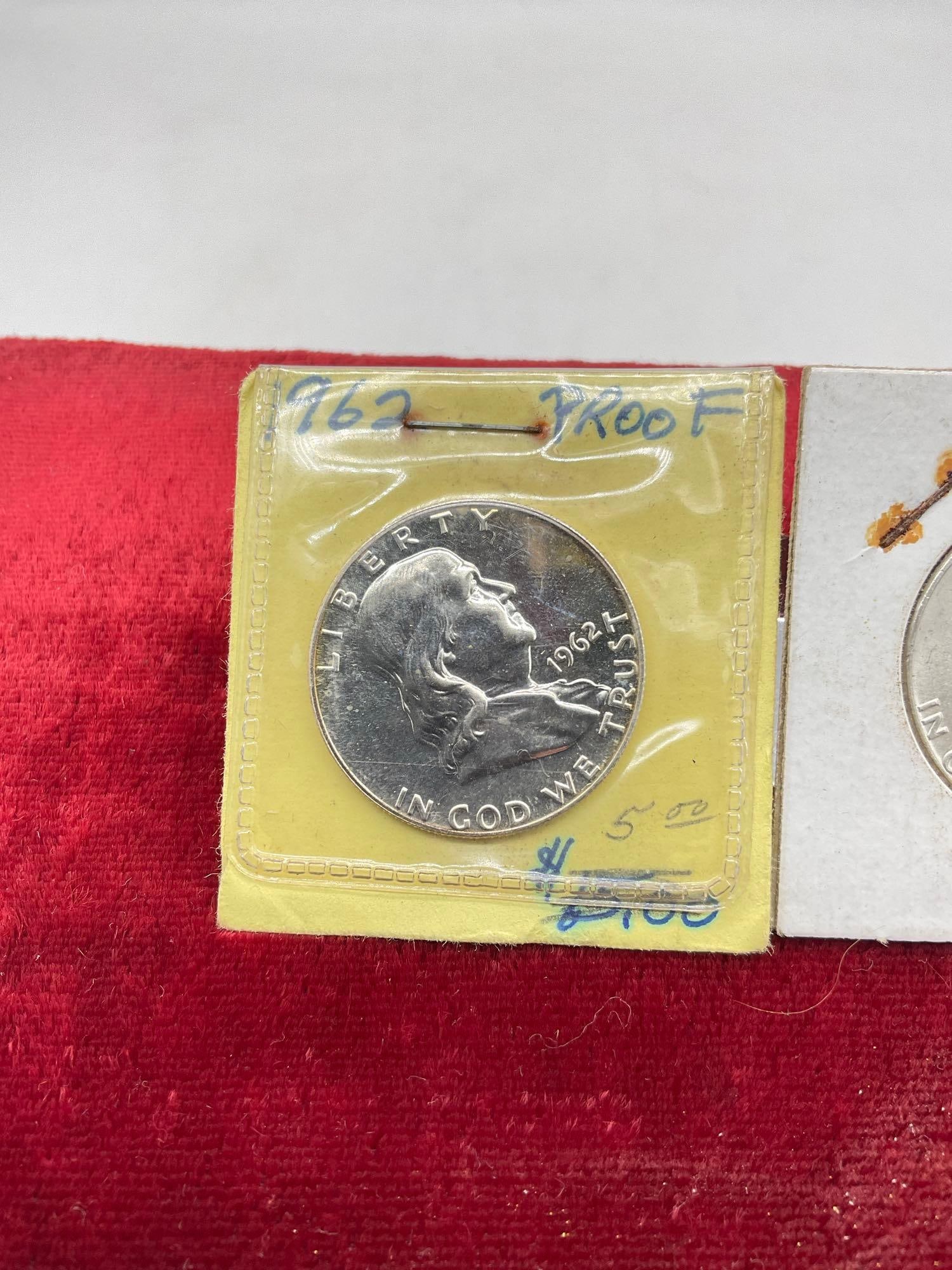 2 x Silver Franklin Half Dollars 1961 UNC & 1962 Proof nice coins see pics - 3
