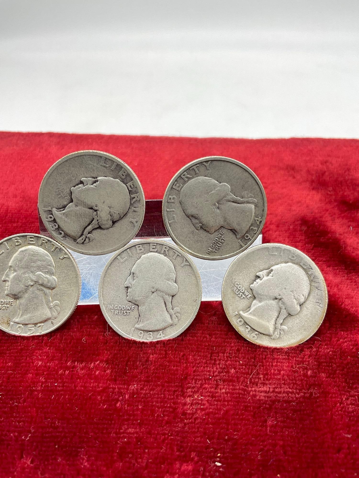 5 x Silver Washington Quaters 1932, 1934 P & D, 1936, 1957-D All silver coins - 2