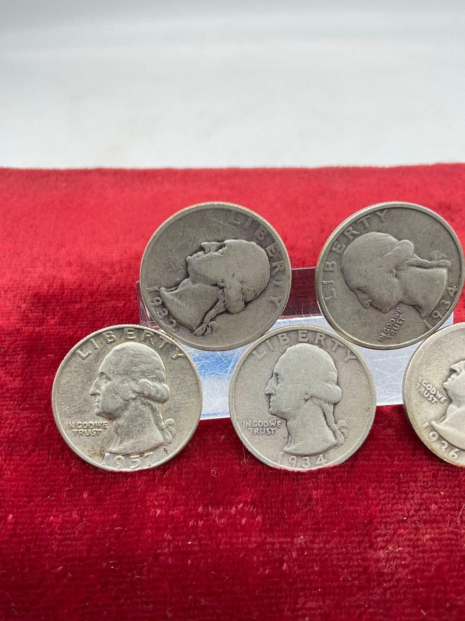 5 x Silver Washington Quaters 1932, 1934 P & D, 1936, 1957-D All silver coins - 3