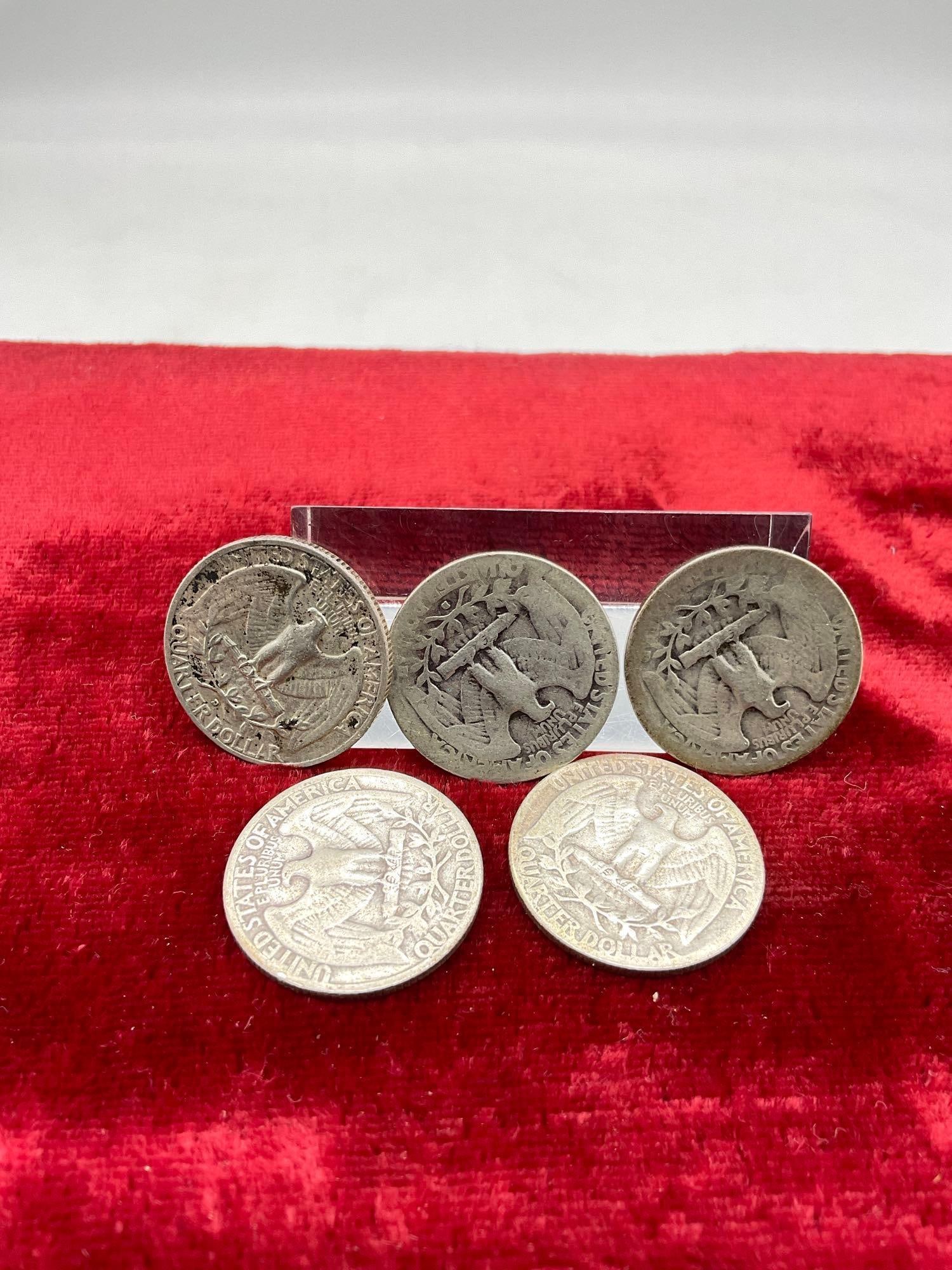 5 x Silver Washington Quaters 1932, 1934 P & D, 1936, 1957-D All silver coins - 4