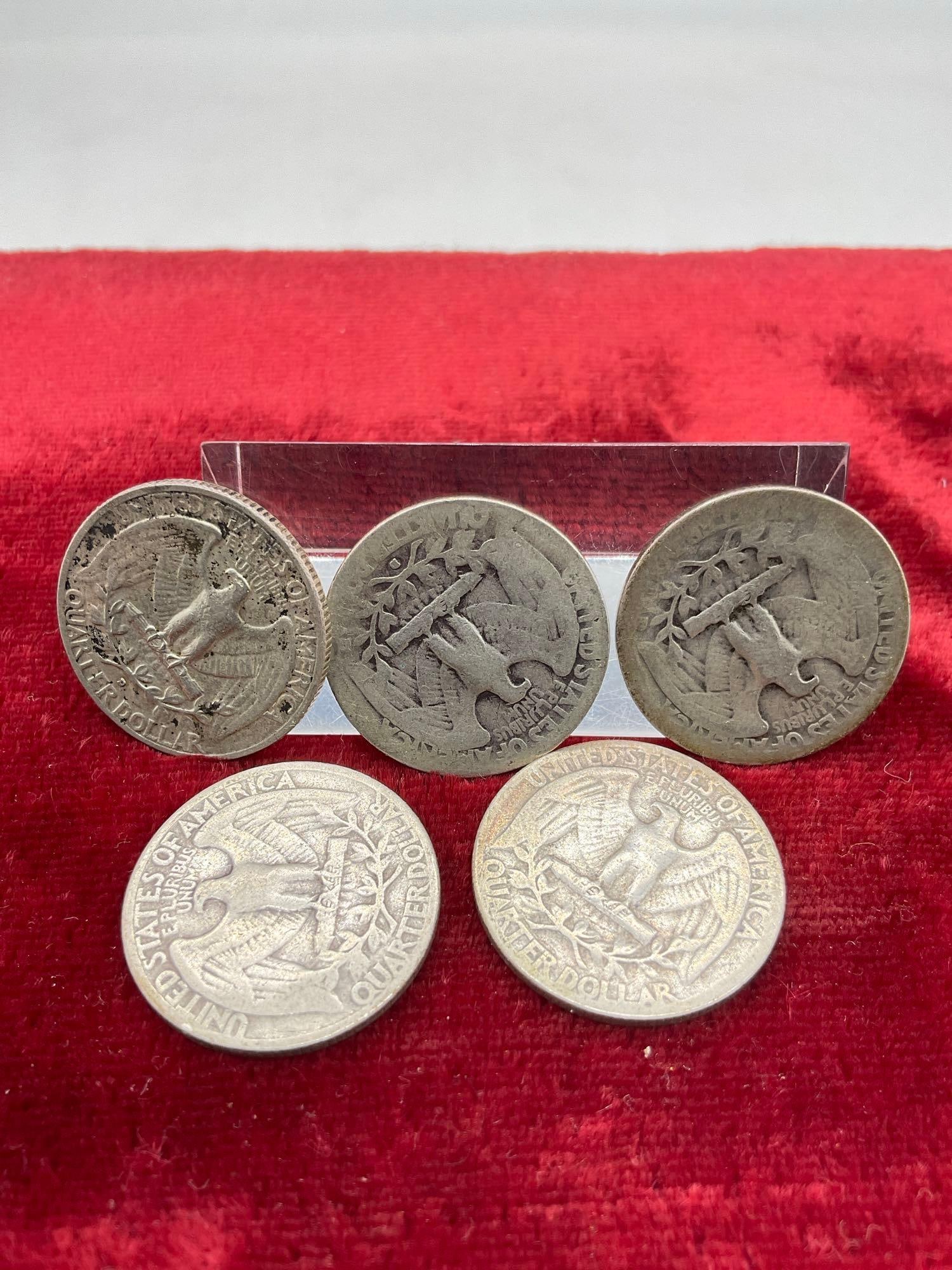 5 x Silver Washington Quaters 1932, 1934 P & D, 1936, 1957-D All silver coins - 5