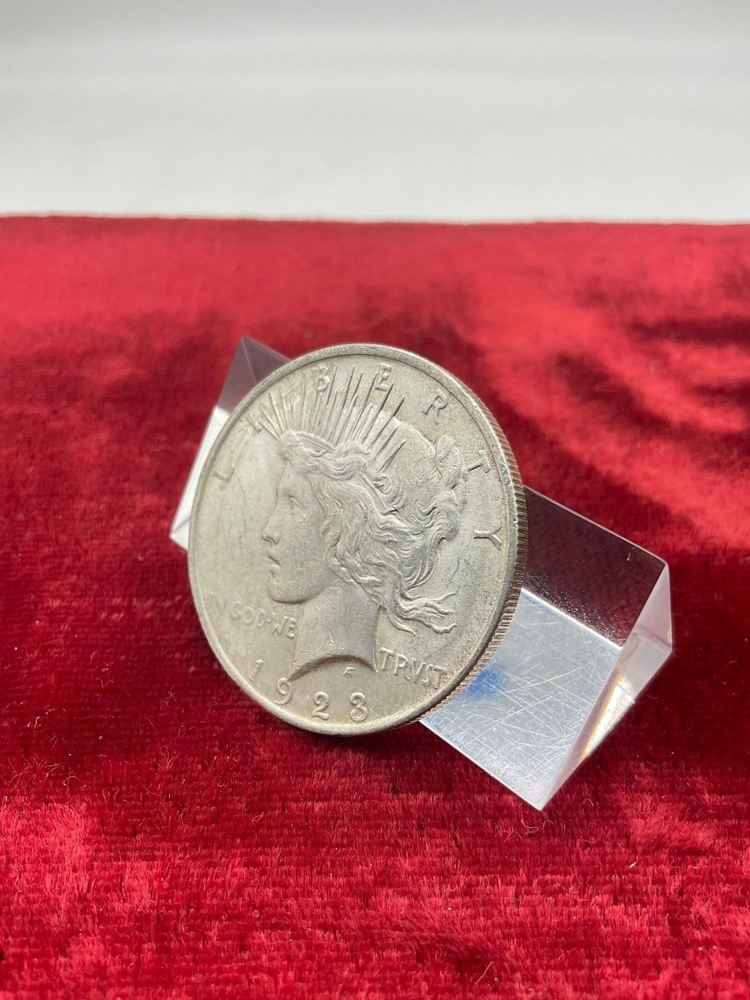 Antique 1923 Silver Peace dollar nice coin Poss AU + quality see pics - 3