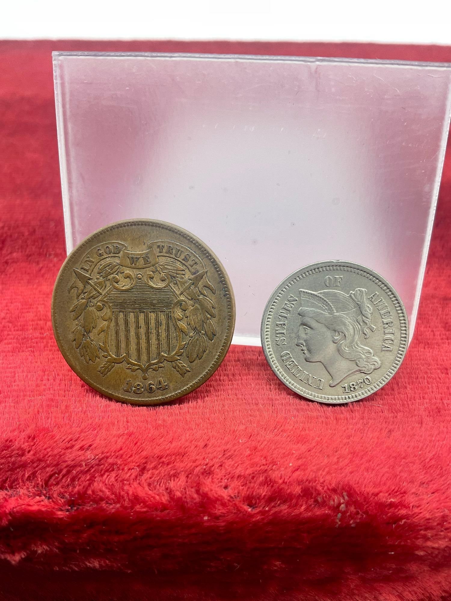 Antique 1864 Two cent piece Poss AU + 1870 Nickel Three Cent piece Alos Poss Au See pics Nice coins (1 of 5)