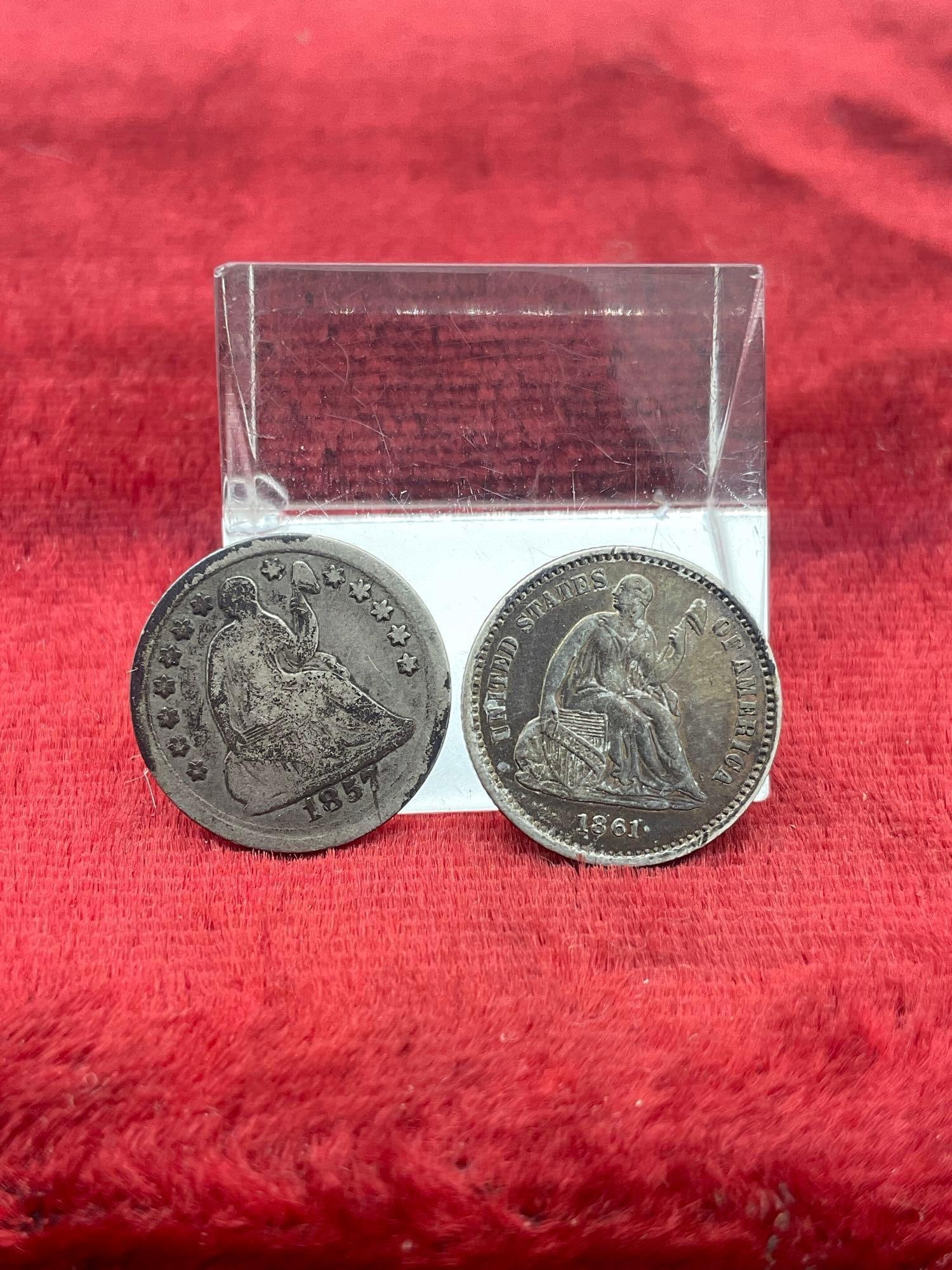2 x antique Silver Liberty Seated Half dimes 1857 & Stunning 1861 Blueberry toned, poss Au coin (1 of 6)
