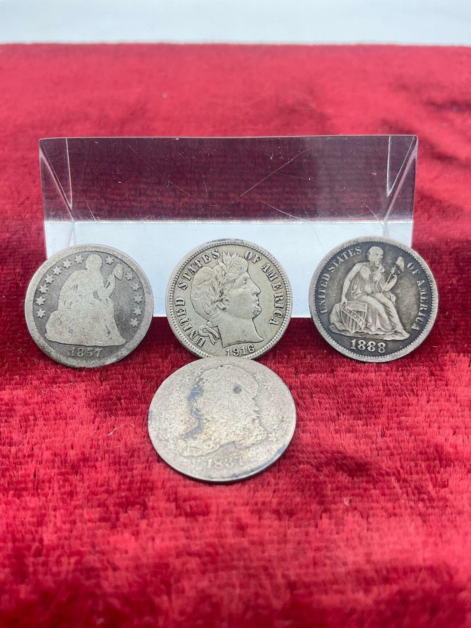 4x Antique Silver dimes 1837 Bust, 1857-O, 1888 ( both seated ), 1916 barber 4 coins: C-5990 1888 Full shield & liberty nice coin