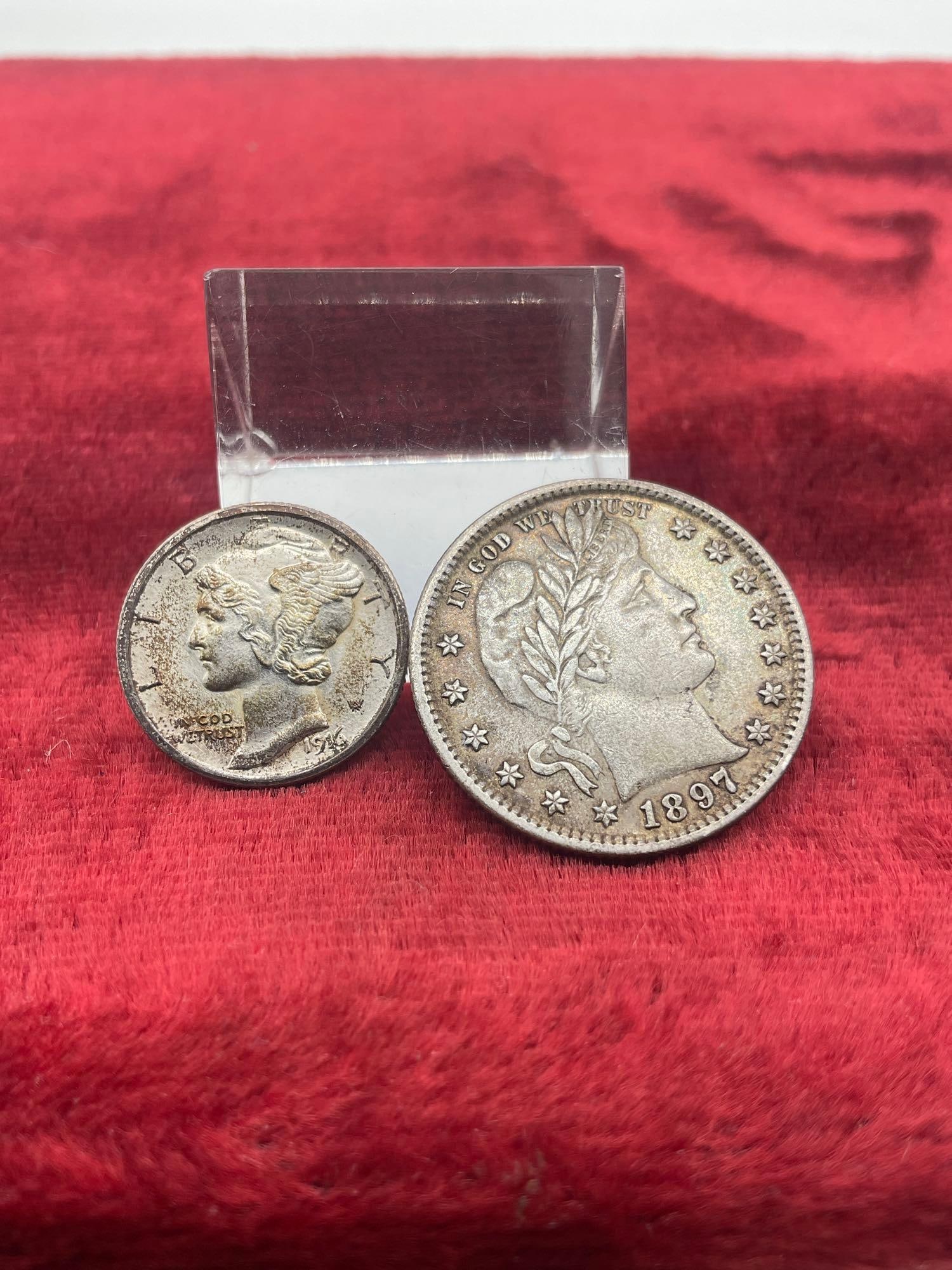 Antique Silver coins 1916 mecury dime double band & 1897 Barber Quarter Poss Ef See pics (1 of 5)