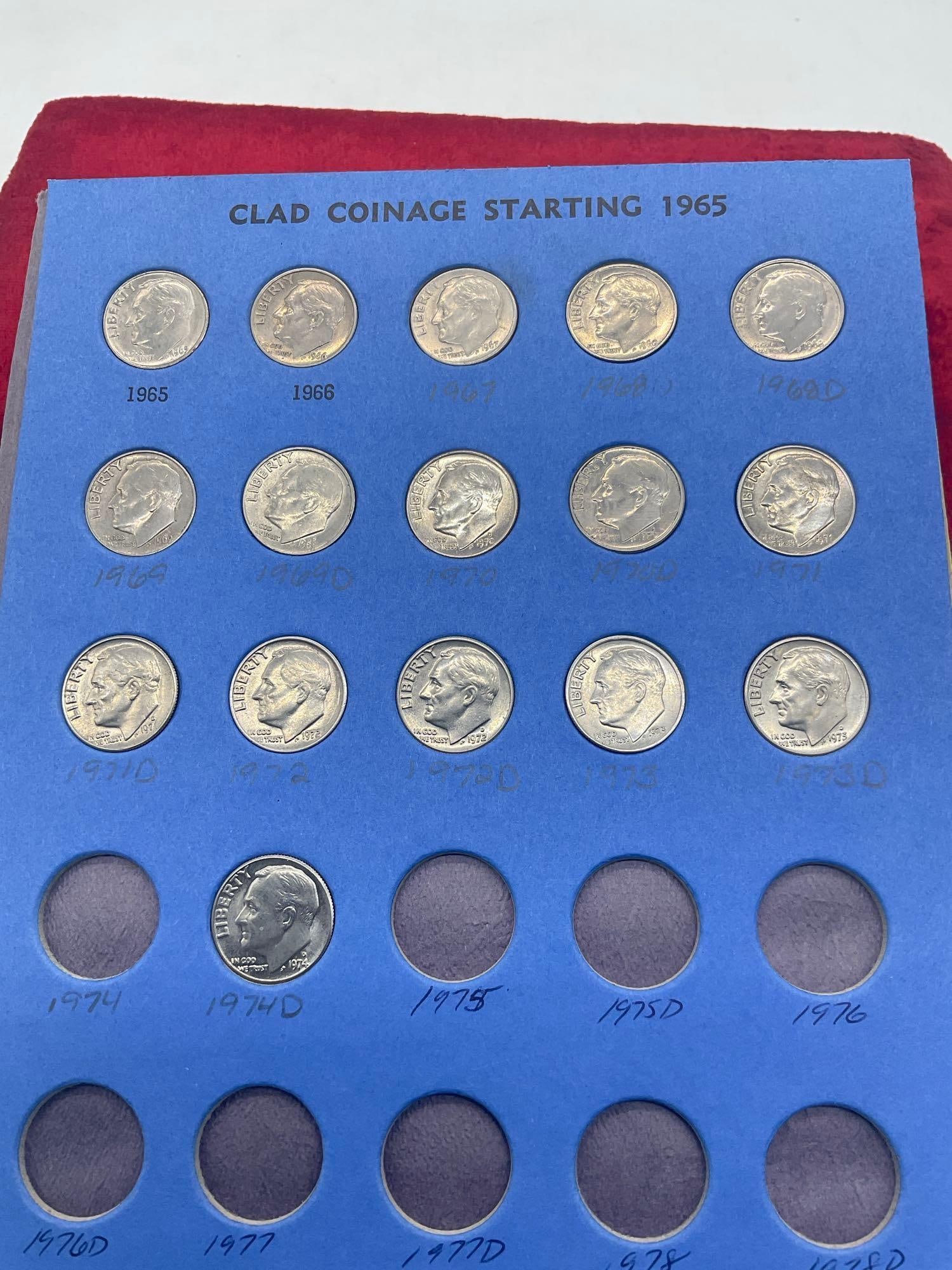Roosevelt silver dime collection 1946-1964 + clad coinage 1965-1974 missing 1950 coin - 5