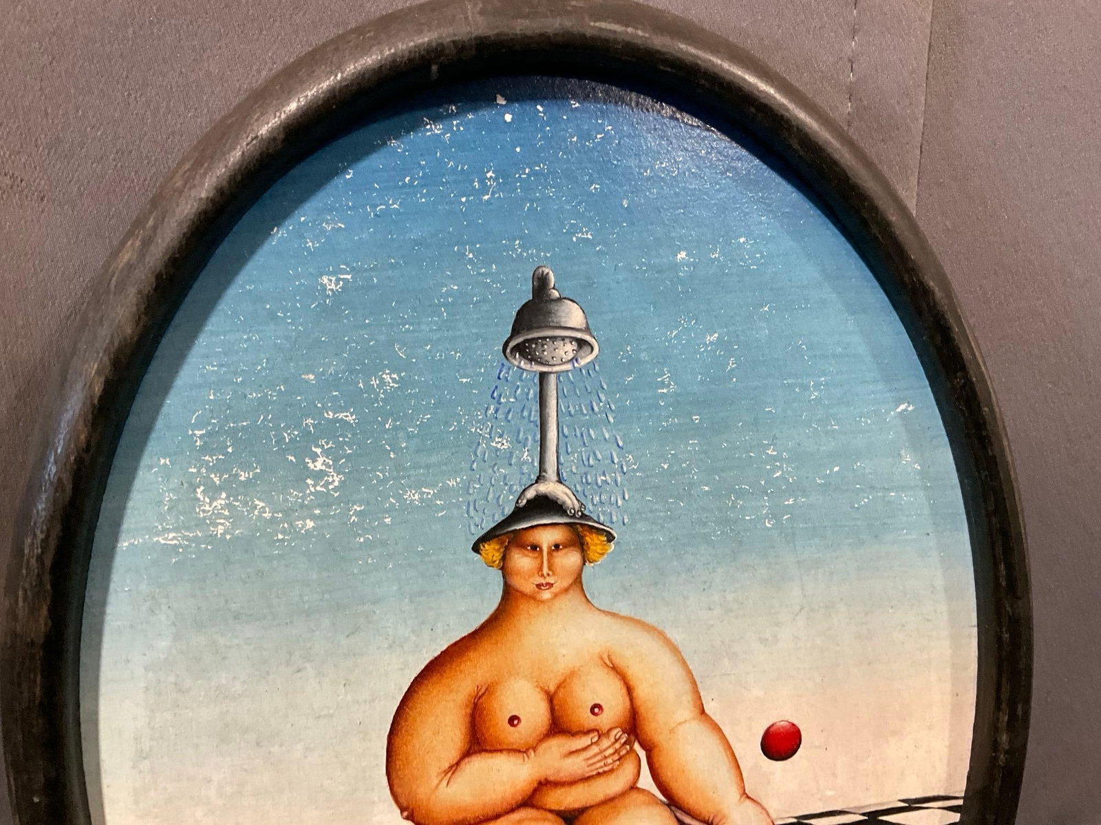 Framed Signed Original Oil on Board by Sylvia Nestler, titled Strange Bathing Cult.., 11x9 inch O... - 2