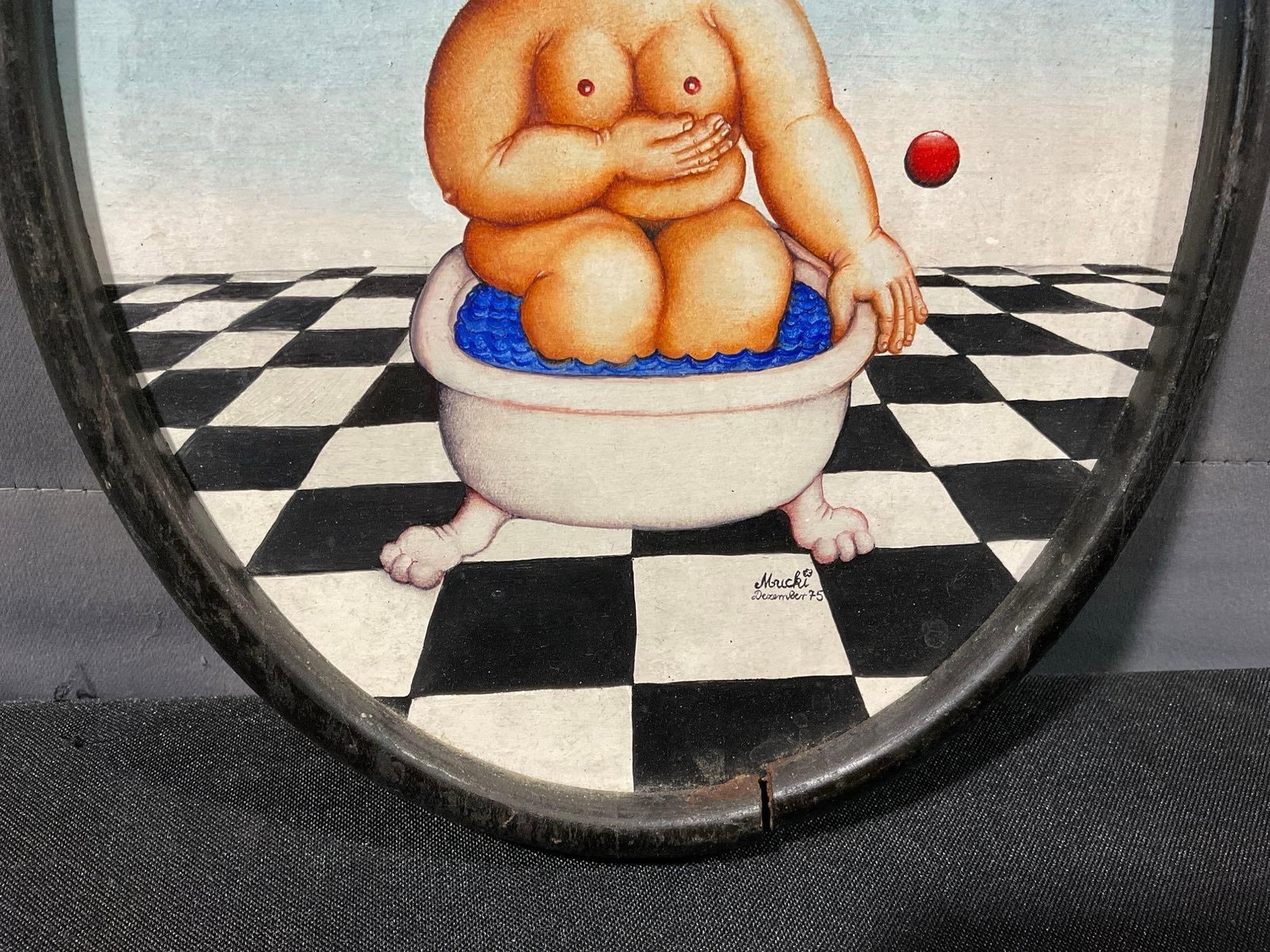 Framed Signed Original Oil on Board by Sylvia Nestler, titled Strange Bathing Cult.., 11x9 inch O... - 3