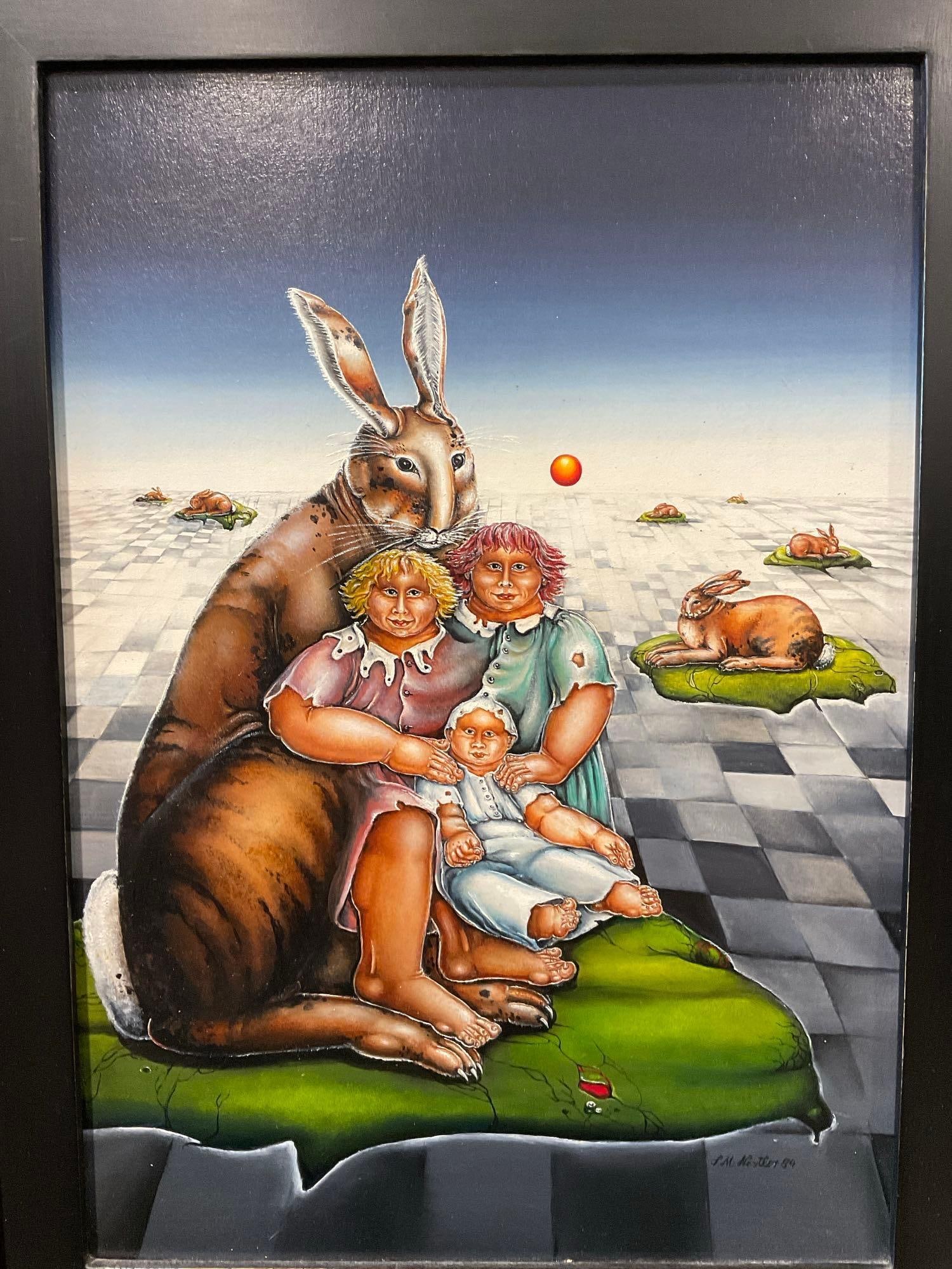 Framed Signed Original Oil on Board by Sylvia Nestler, titled 1984, 23x18 inch, Large Rabbit & Kids - 2