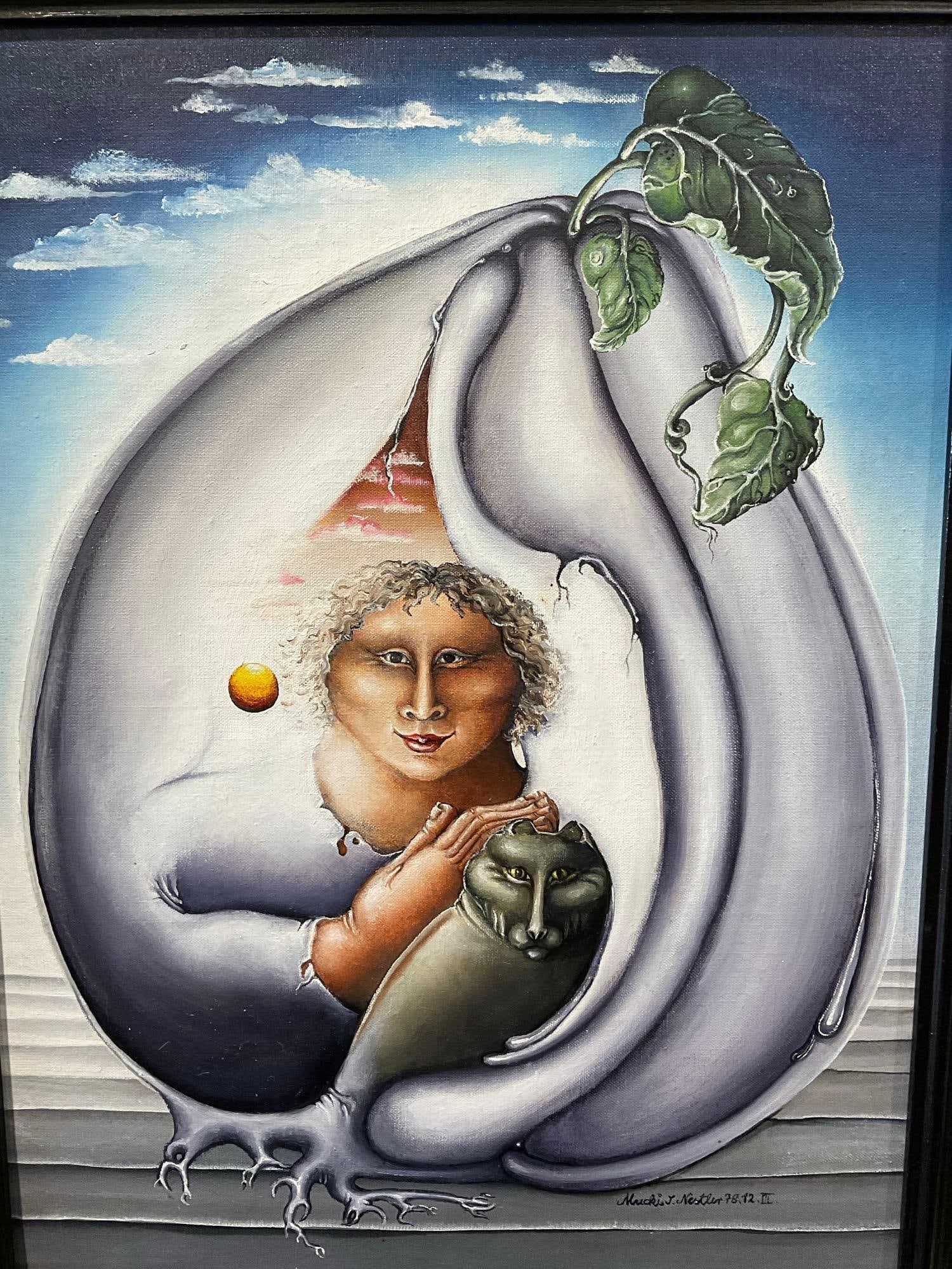 Framed Signed Original Oil on Board by Sylvia Nestler, Untitled 1978, 20x16 in, Woman & Cat in Go... - 2