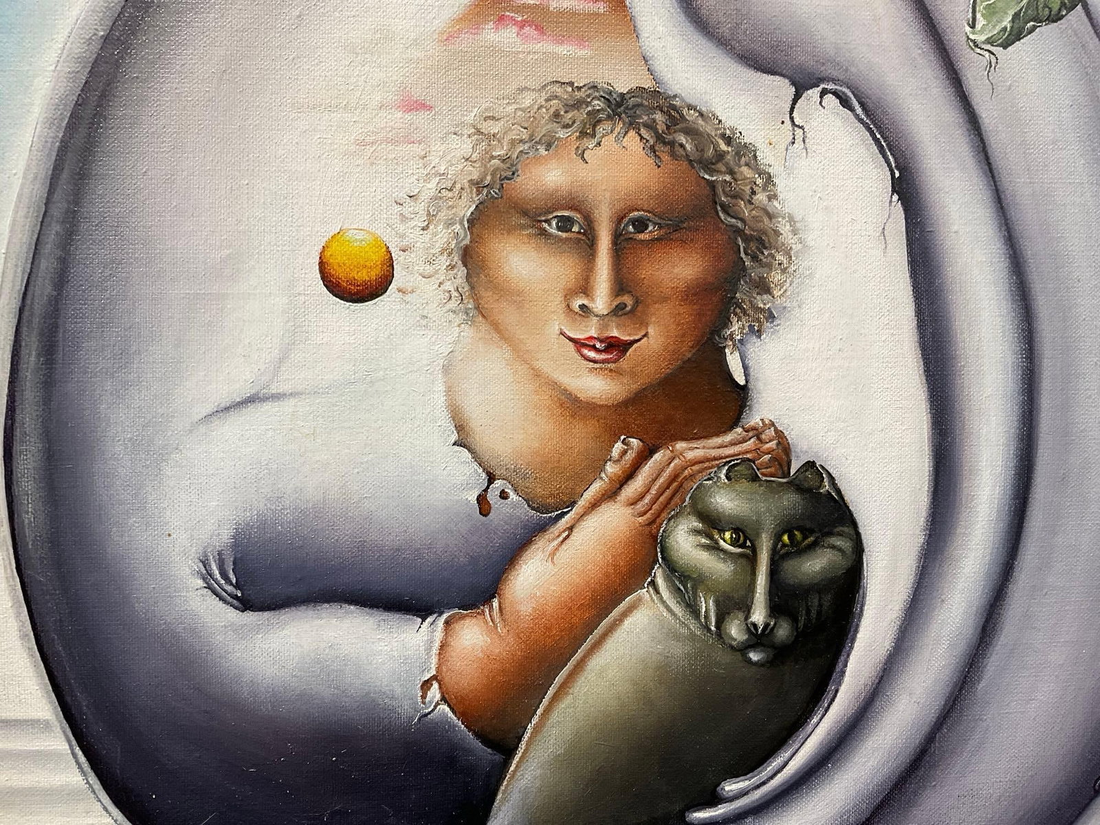 Framed Signed Original Oil on Board by Sylvia Nestler, Untitled 1978, 20x16 in, Woman & Cat in Go... - 4