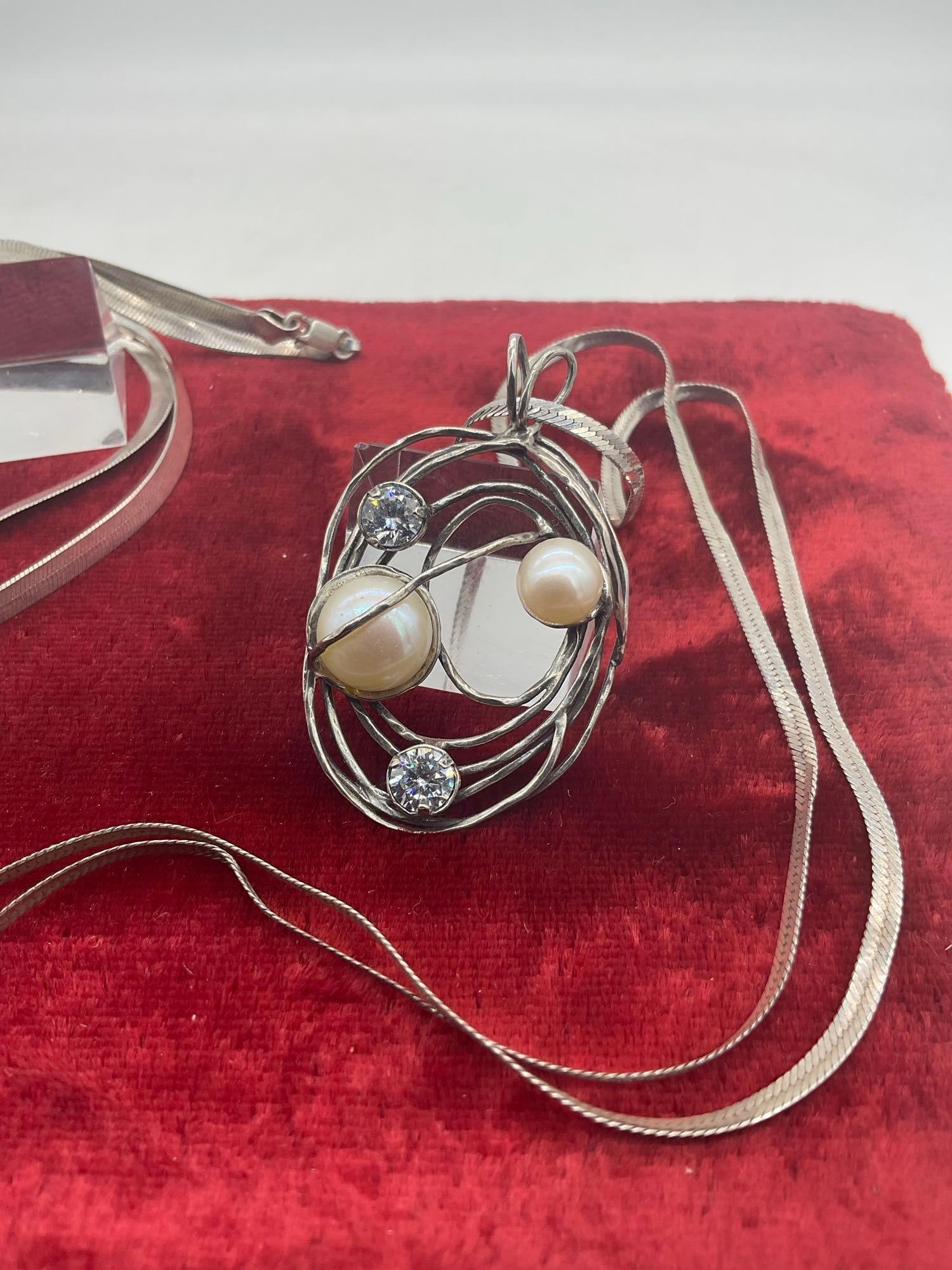 Vintage sterling silver CZ and pearl pendant on sterling chain with additional 30" sterling silver - 2
