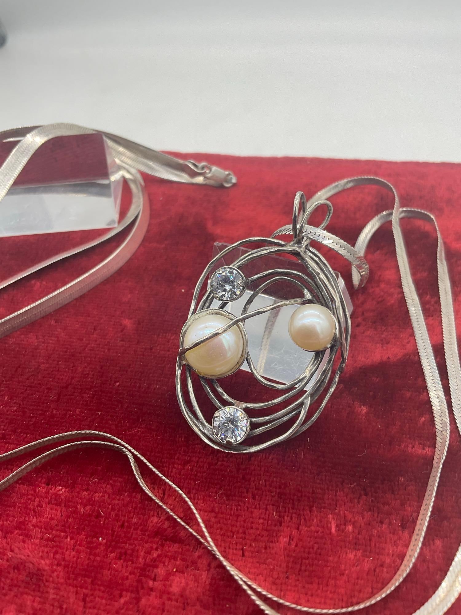 Vintage sterling silver CZ and pearl pendant on sterling chain with additional 30" sterling silver - 4