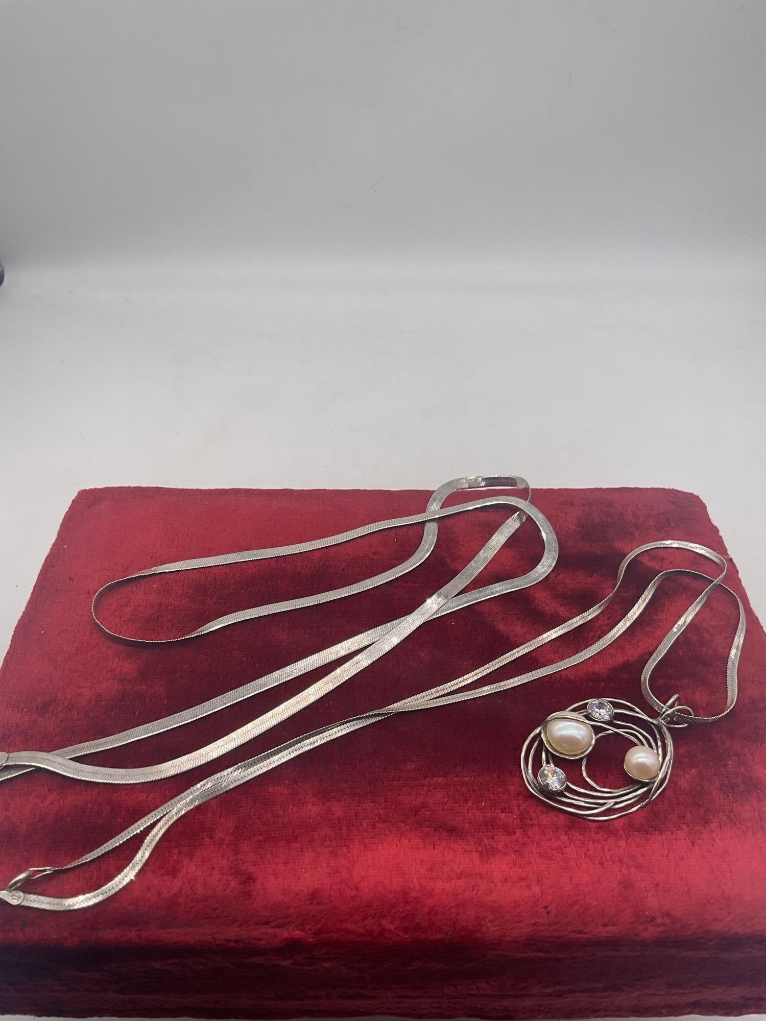 Vintage sterling silver CZ and pearl pendant on sterling chain with additional 30" sterling silver - 6