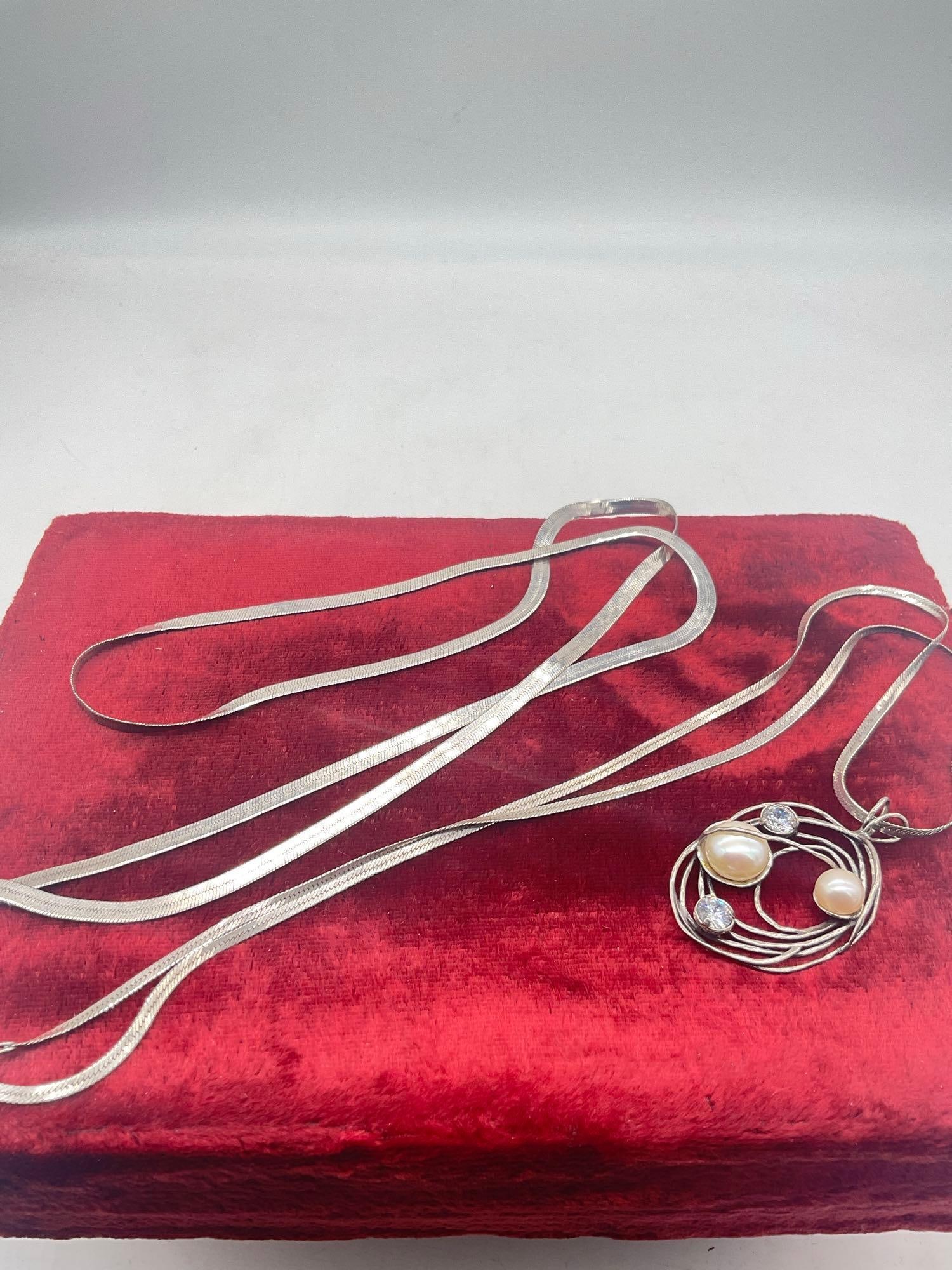 Vintage sterling silver CZ and pearl pendant on sterling chain with additional 30" sterling silver - 7