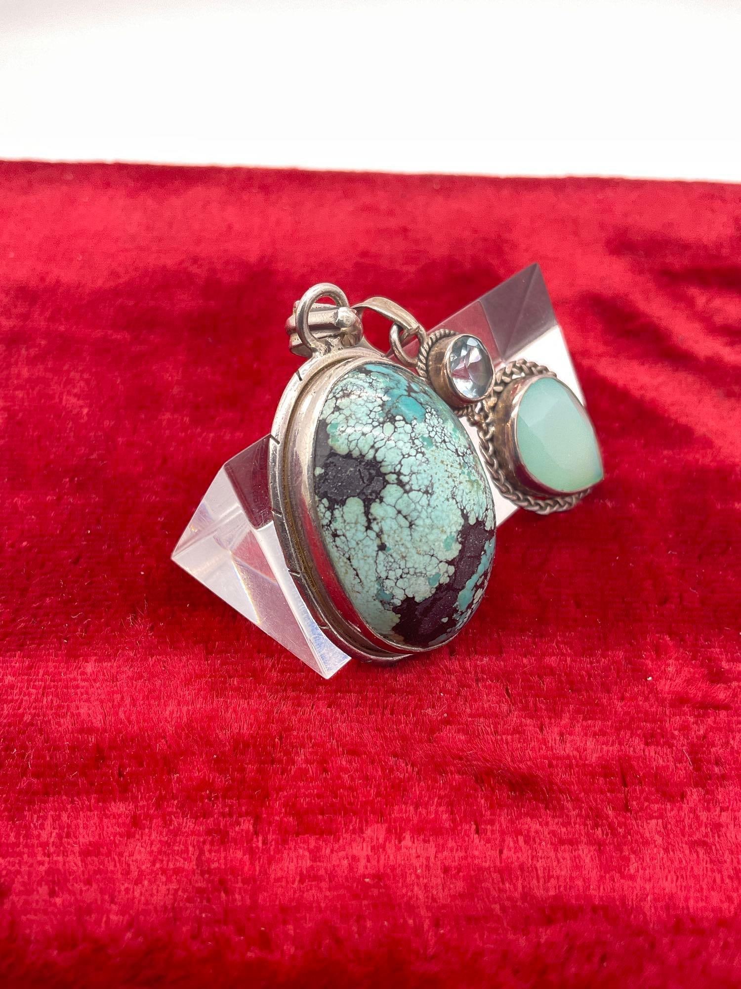 2x pair of sterling silver and semi precious stone pendants - turquoise cabachon & Topaz/quartz - 2