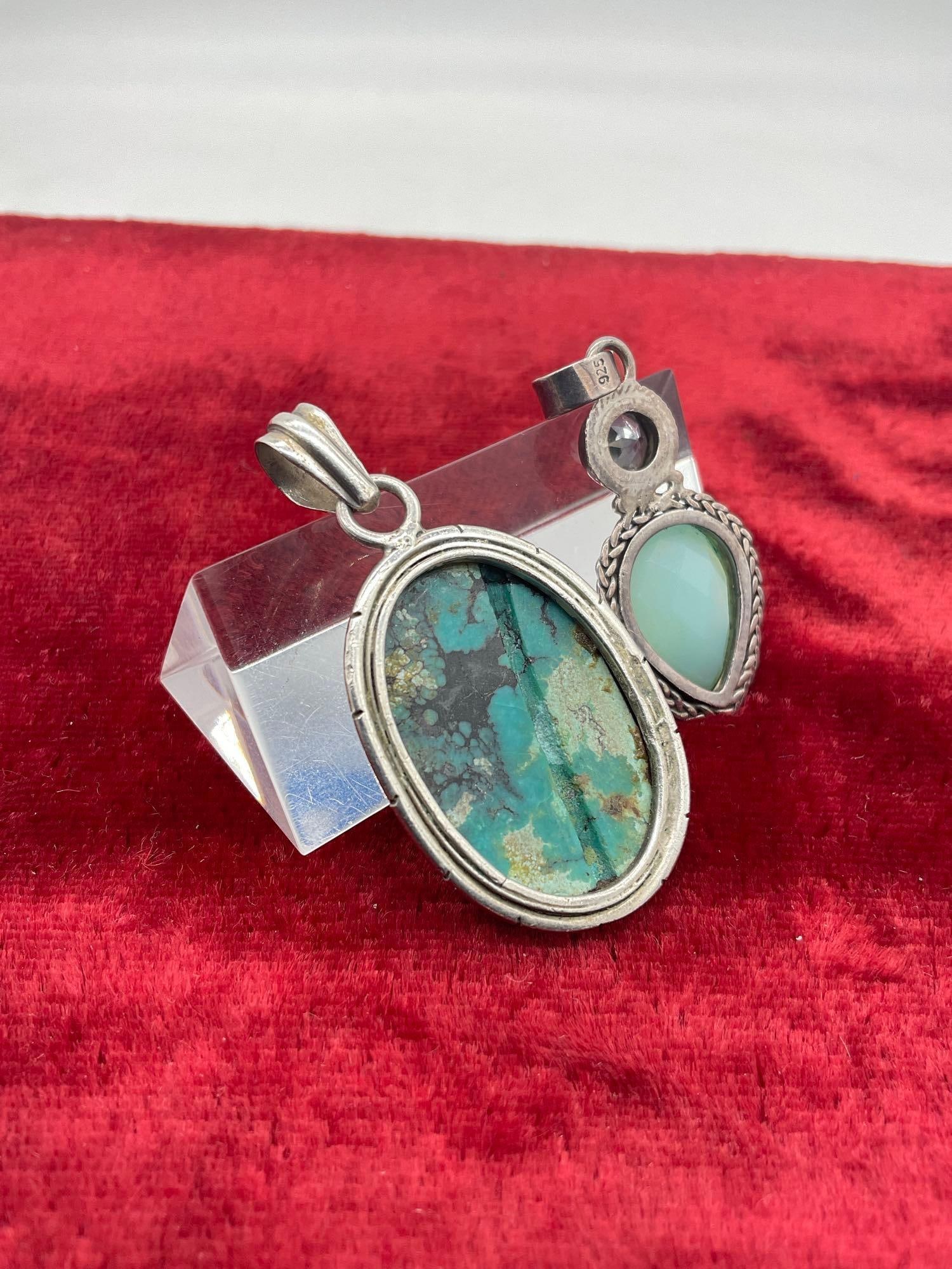 2x pair of sterling silver and semi precious stone pendants - turquoise cabachon & Topaz/quartz - 3