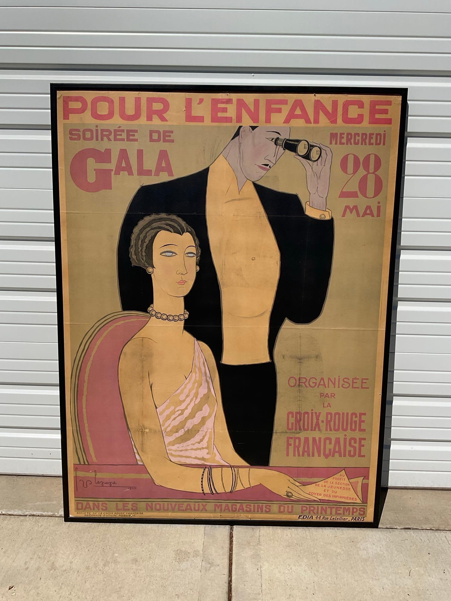 Framed Large Antique 1924 Poster for a Gala for the French Red Cross, 28th of May, 65x45 inches - 2