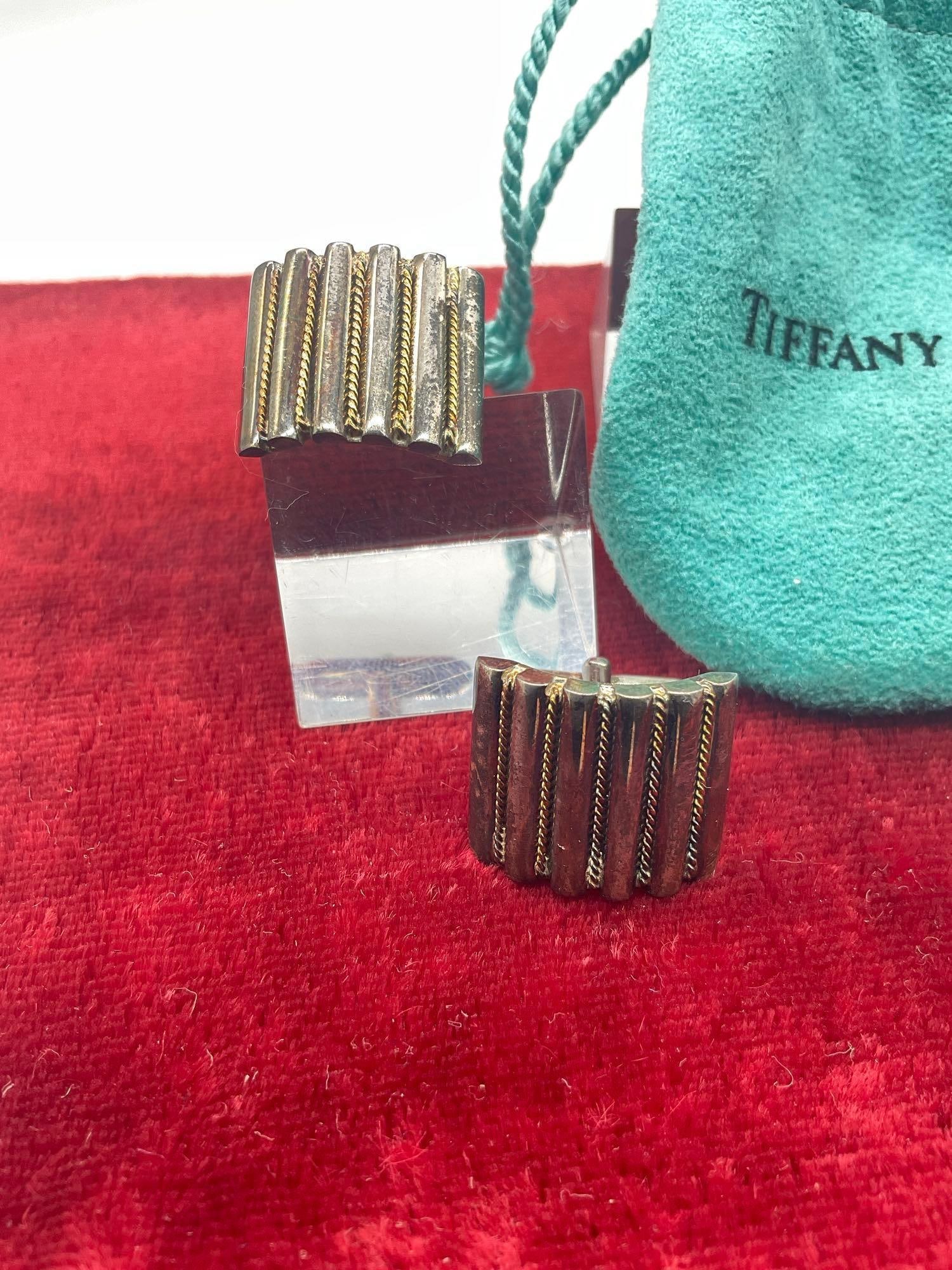Pair of sterling silver Tiffany & Co. men's cufflink set w/ thin gold plate braid design & Tiffany - 2