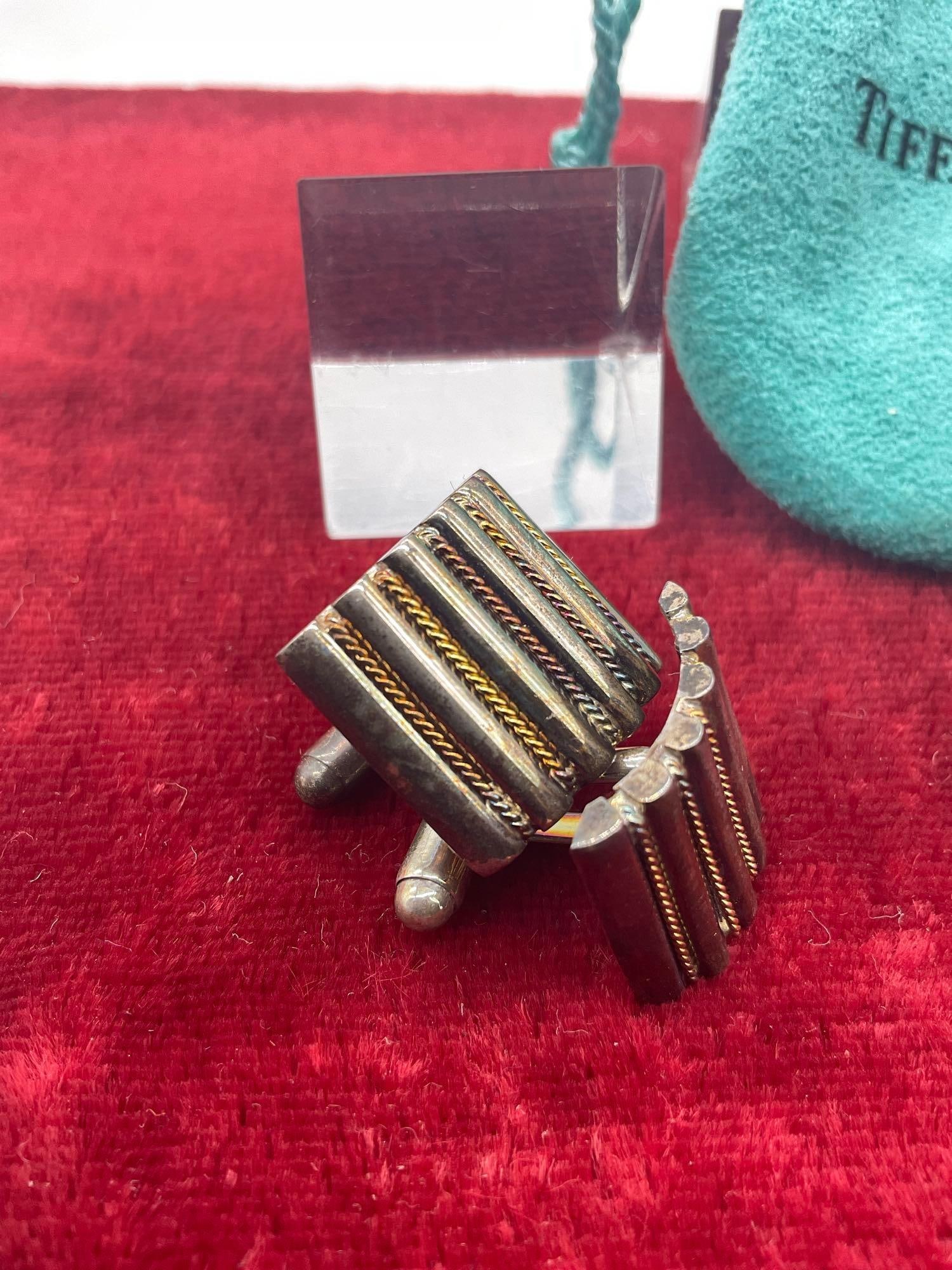 Pair of sterling silver Tiffany & Co. men's cufflink set w/ thin gold plate braid design & Tiffany - 3