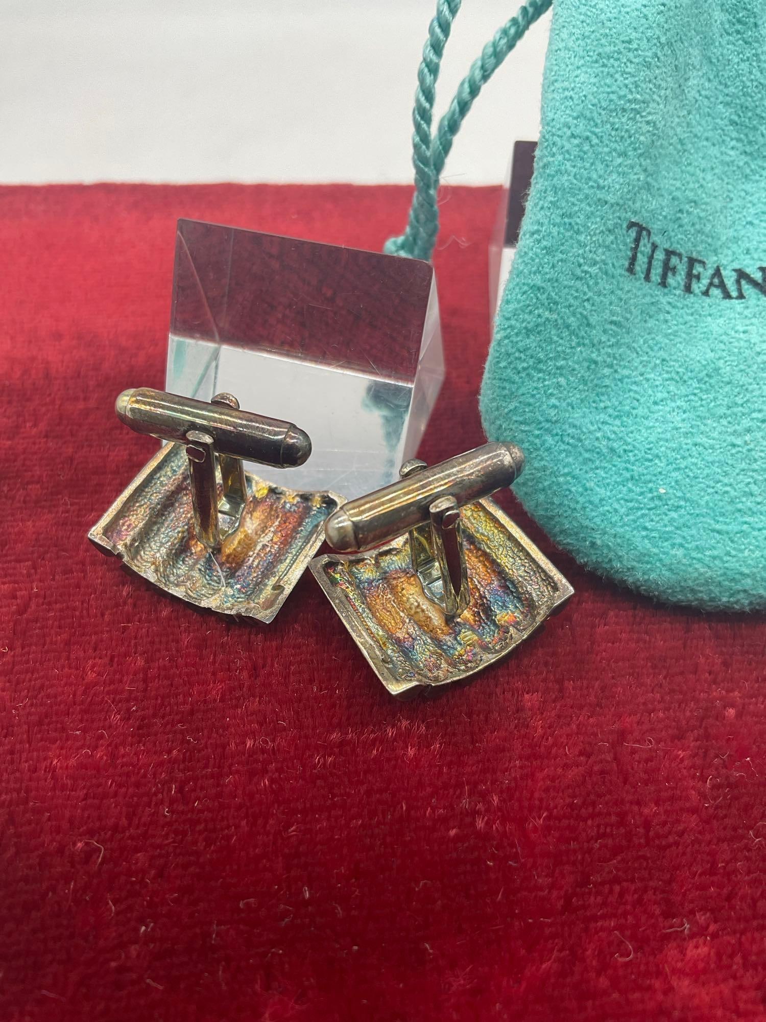 Pair of sterling silver Tiffany & Co. men's cufflink set w/ thin gold plate braid design & Tiffany - 4