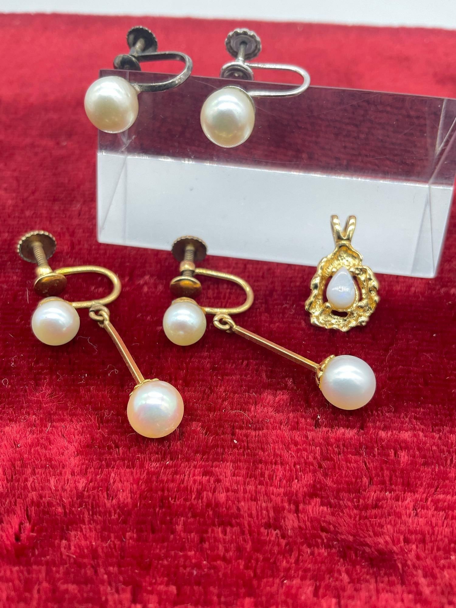 Opal GP pendant, mismatched .925 & 14k white gold pearl earrings + GP dual pearl earrings - 2