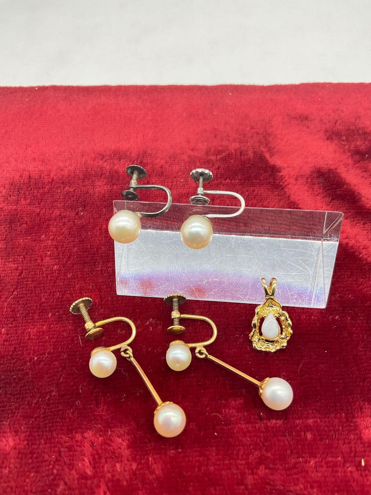 Opal GP pendant, mismatched .925 & 14k white gold pearl earrings + GP dual pearl earrings - 3