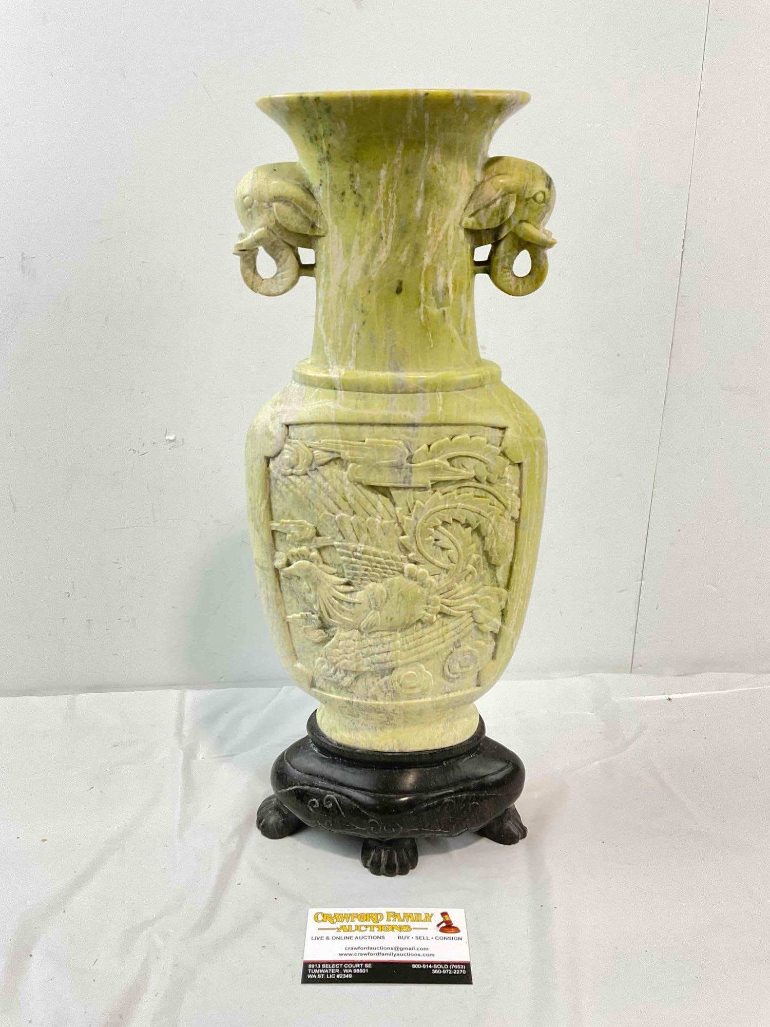 Vintage Korean Carved Green Stone Vase w/ Black Stone Base & Elephant Details. See pics. (1 of 6)