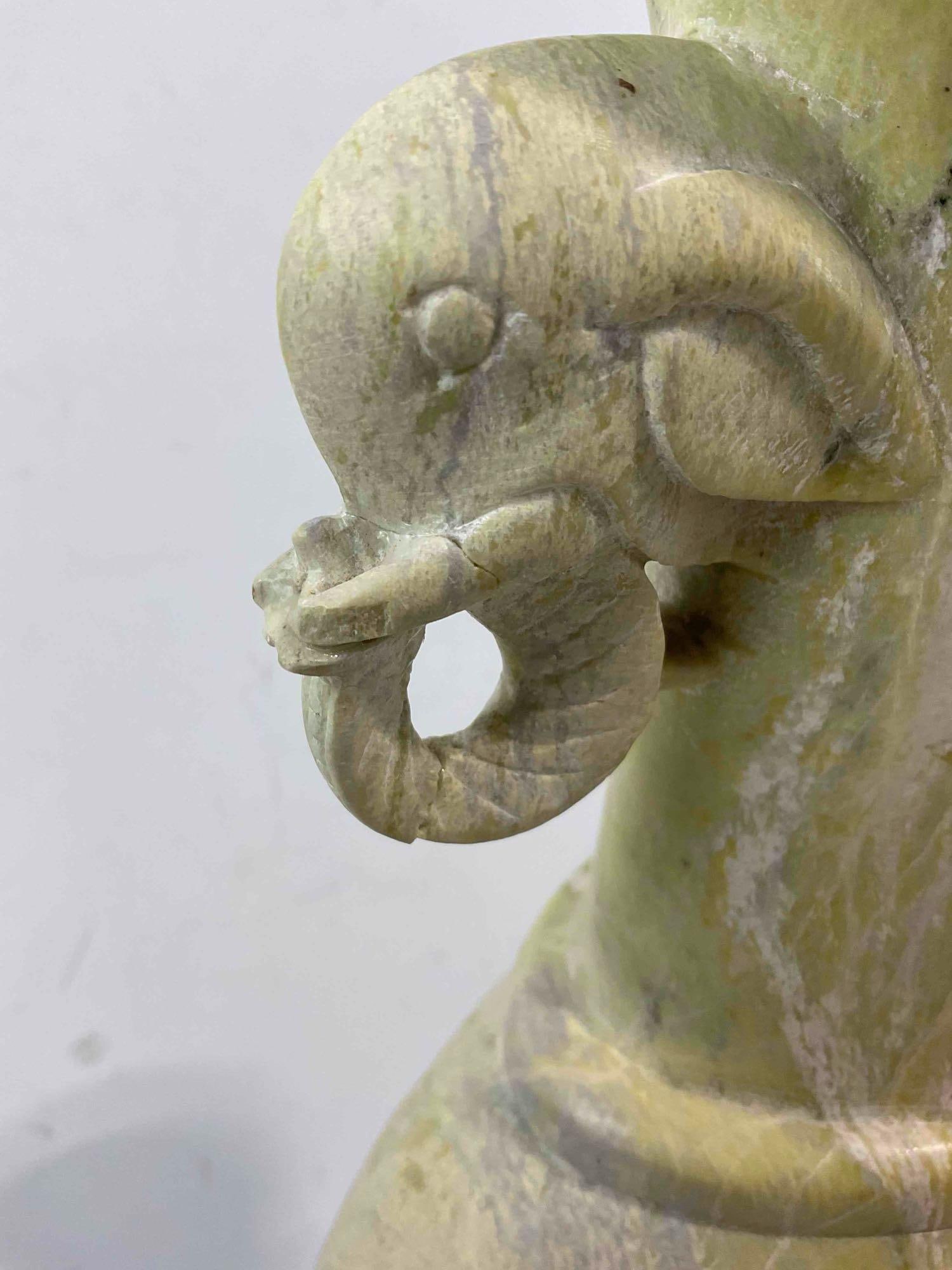 Vintage Korean Carved Green Stone Vase w/ Black Stone Base & Elephant Details. See pics. - 2