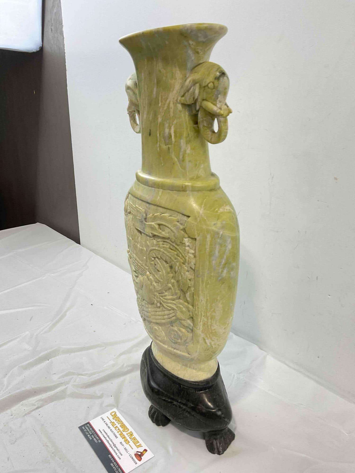 Vintage Korean Carved Green Stone Vase w/ Black Stone Base & Elephant Details. See pics. - 3