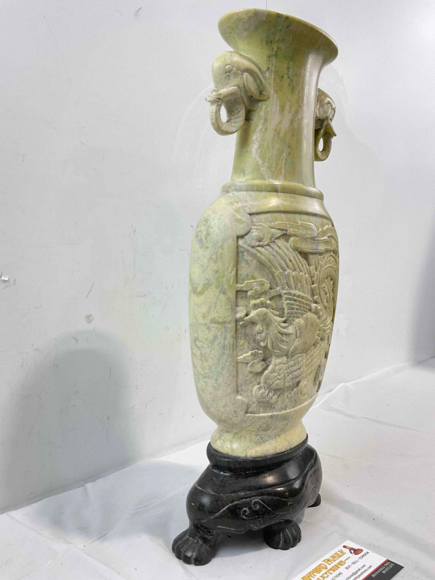 Vintage Korean Carved Green Stone Vase w/ Black Stone Base & Elephant Details. See pics. - 4