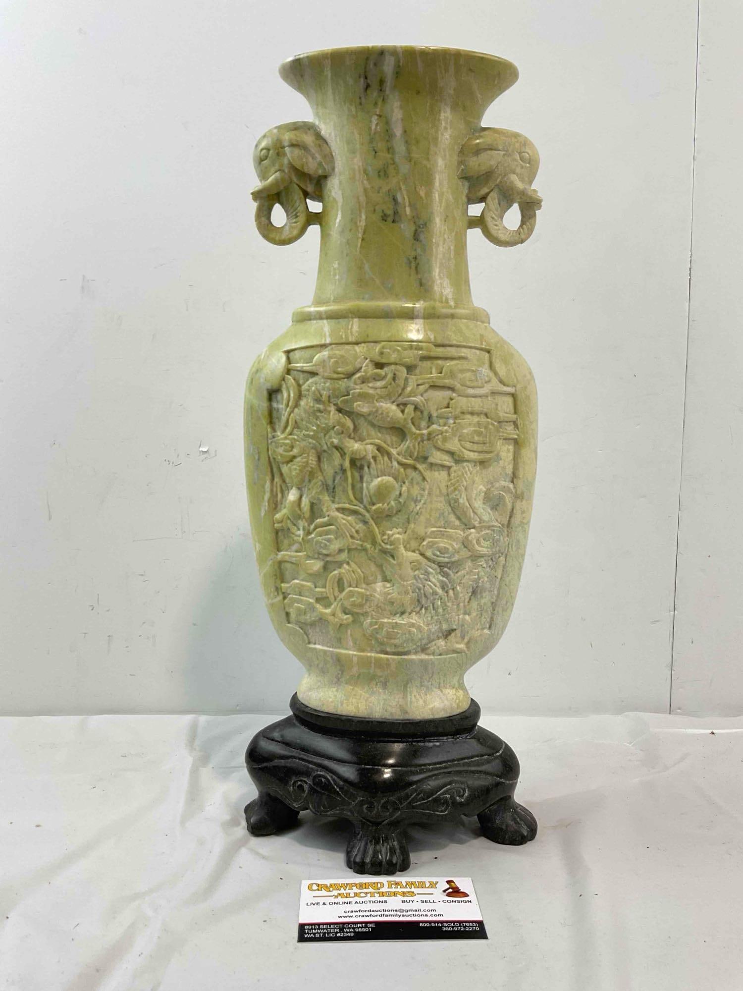 Vintage Korean Carved Green Stone Vase w/ Black Stone Base & Elephant Details. See pics. - 6