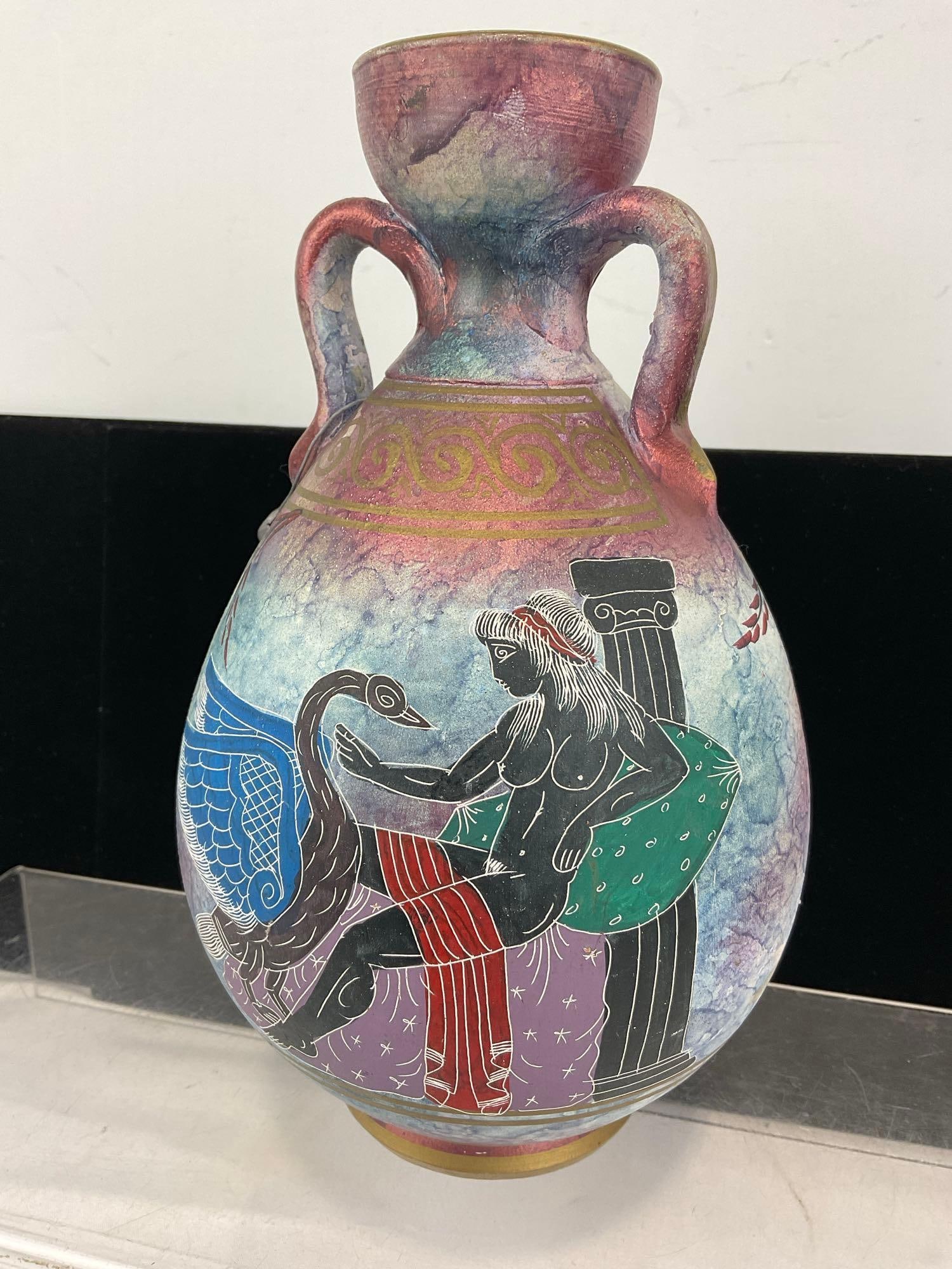 Handmade Amphora style Greek Vase, Leda & the Swan, Black figure drawing on multicolor vase - 2