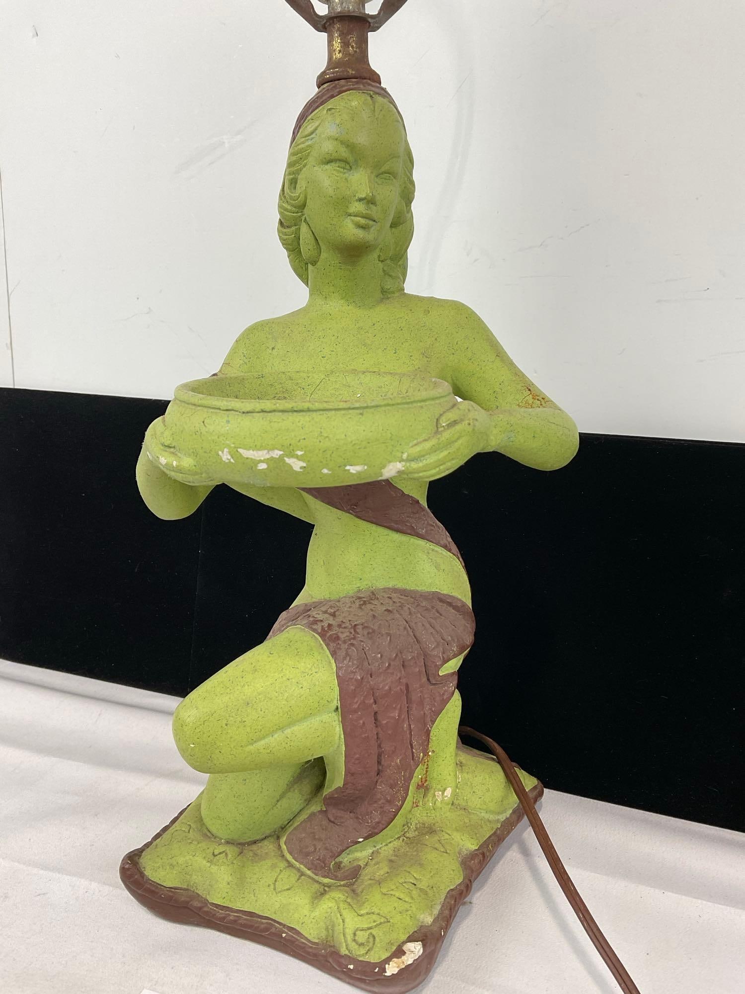 Vintage Table Lamp, Chalkware figural piece, Green Lady w/Brown clothes motif, some wear - 2