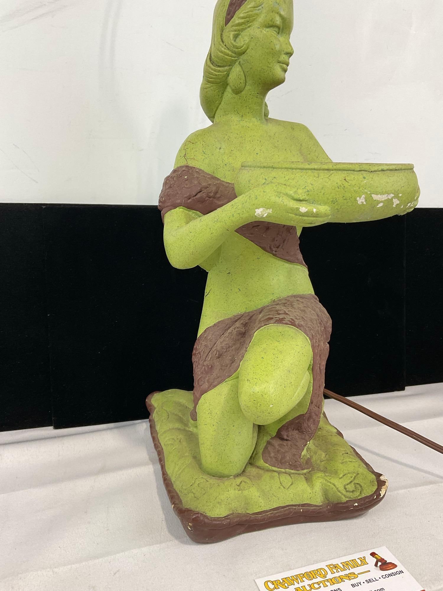 Vintage Table Lamp, Chalkware figural piece, Green Lady w/Brown clothes motif, some wear - 4