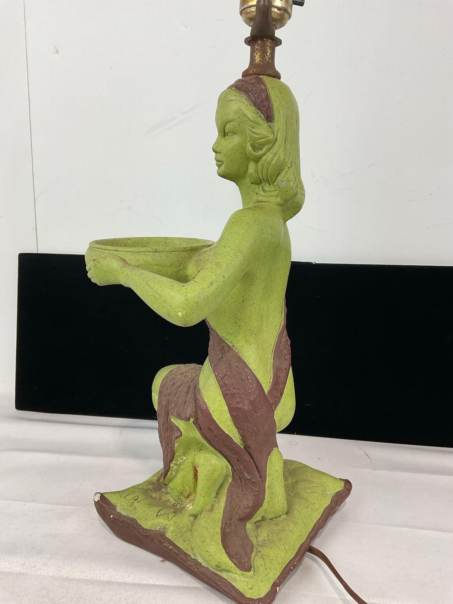 Vintage Table Lamp, Chalkware figural piece, Green Lady w/Brown clothes motif, some wear - 5