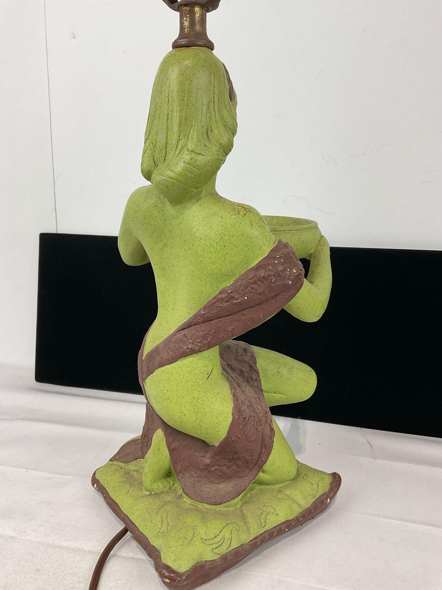 Vintage Table Lamp, Chalkware figural piece, Green Lady w/Brown clothes motif, some wear - 6