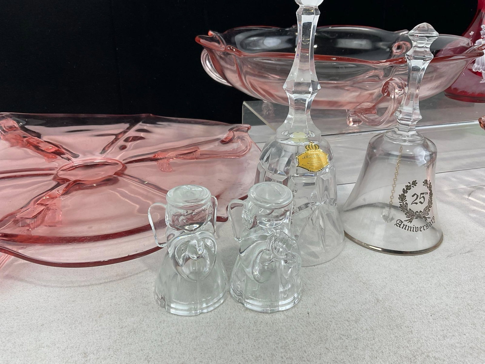3 Cranberry Depression Glass pcs, 3 Crystal Bells, 2 Lenox Angel pcs, Handpainted Ewer - 2