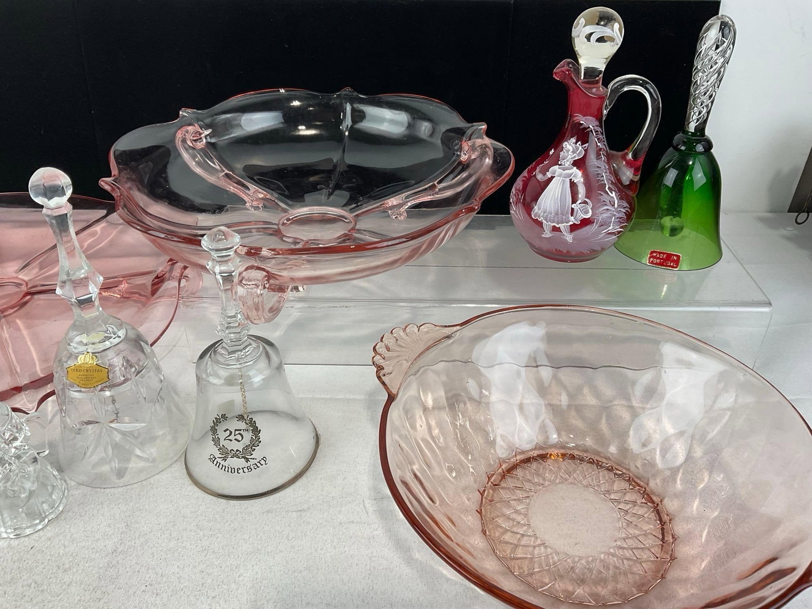 3 Cranberry Depression Glass pcs, 3 Crystal Bells, 2 Lenox Angel pcs, Handpainted Ewer - 3